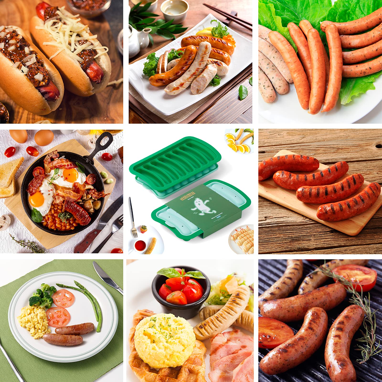 2 Pack Large Green BPA-Free Non-Stick Silicone Sausage Molds (8 Cavity) for DIY Breakfast Sausages, Hot Dogs & Homemade Baby Food - Perfect for Meal Prep, BBQ Parties & Healthy Cooking