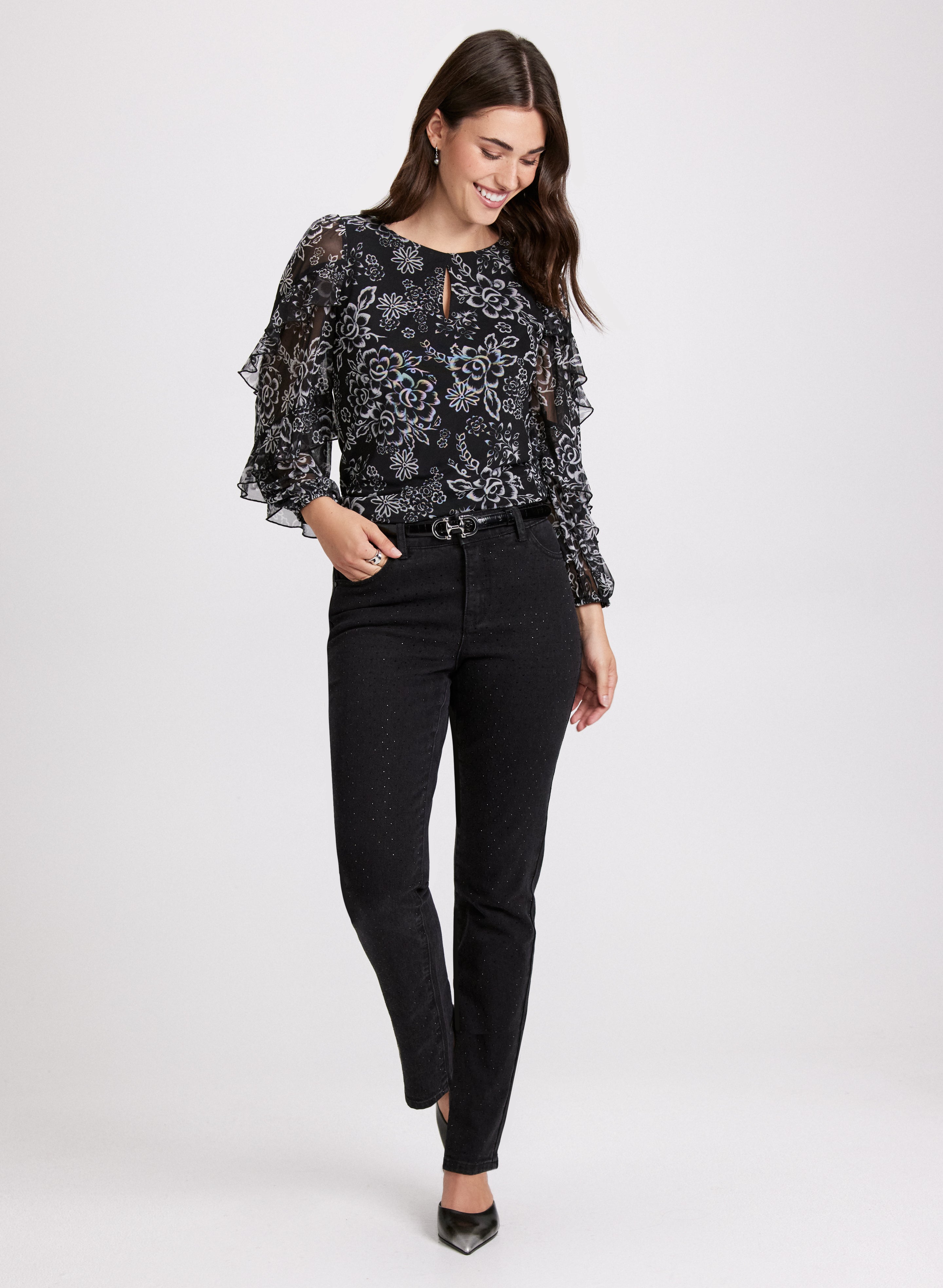 Floral Print Keyhole Blouse for Women - Elegant V-Neck Summer Top with Ruffle Sleeves | Perfect for Office, Date Night & Casual Outings