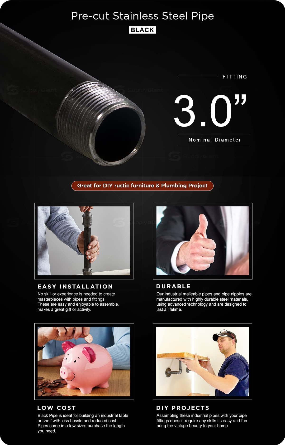 Everflow Supplies PCBL3048 48-Inch Pre-Cut Black Steel Pipe - 3