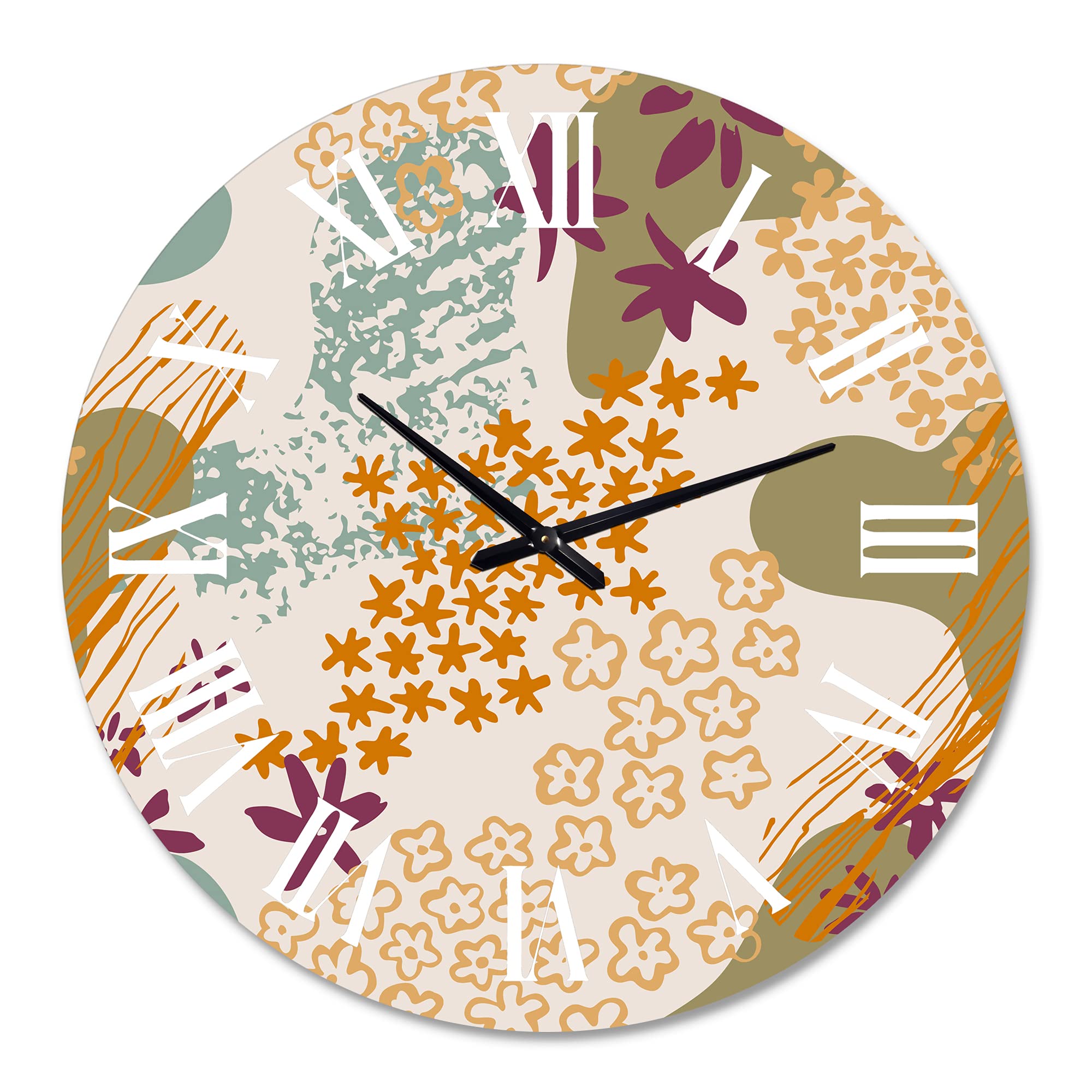 DesignQ Modern Abstract Wall Clock with Flowers Silhouettes and Fluid Shapes - Large Fractal Art Decor for Bedroom, Living Room & Office