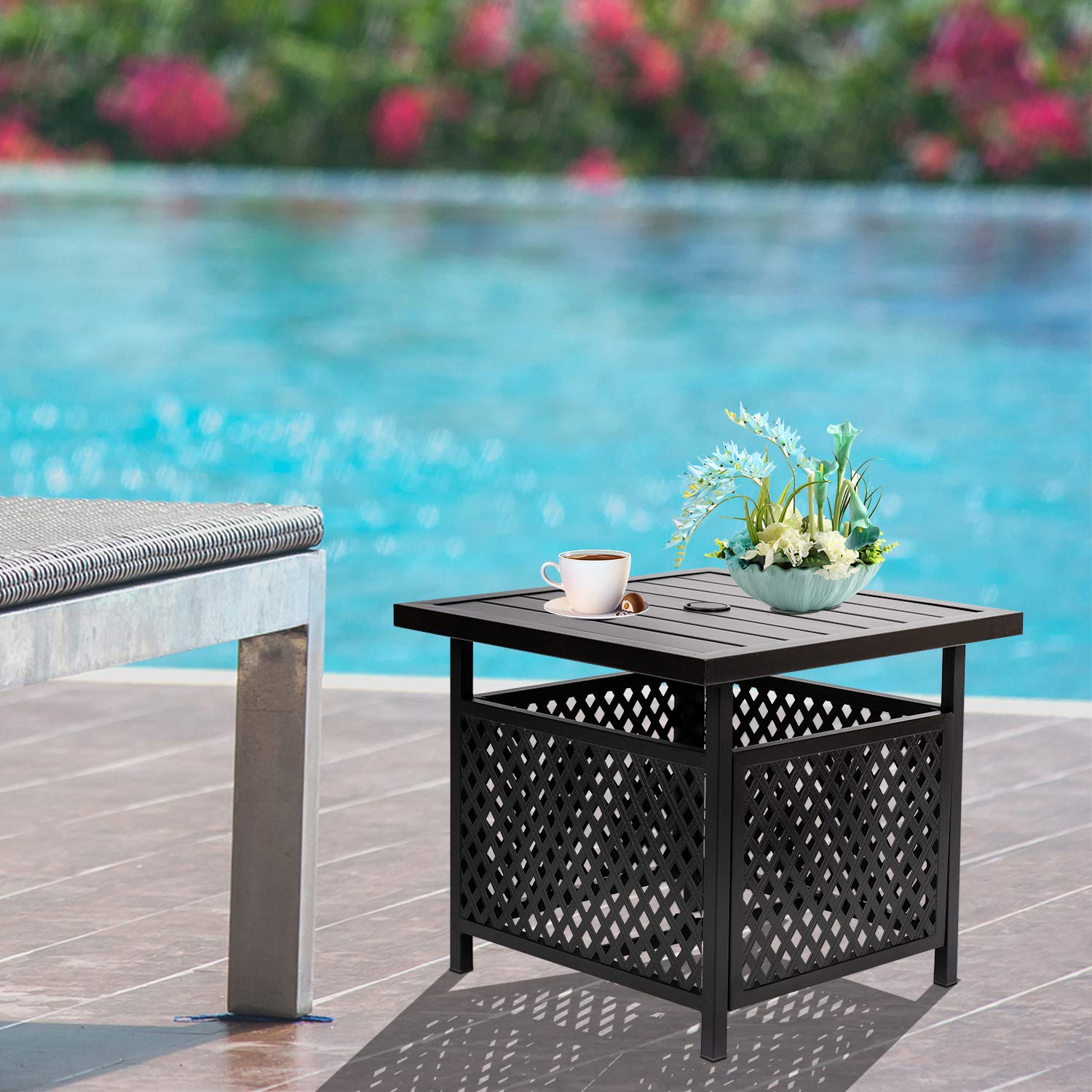 Betterland Outdoor Umbrella Side Table - Black Metal Square Patio Coffee Table with 1.57