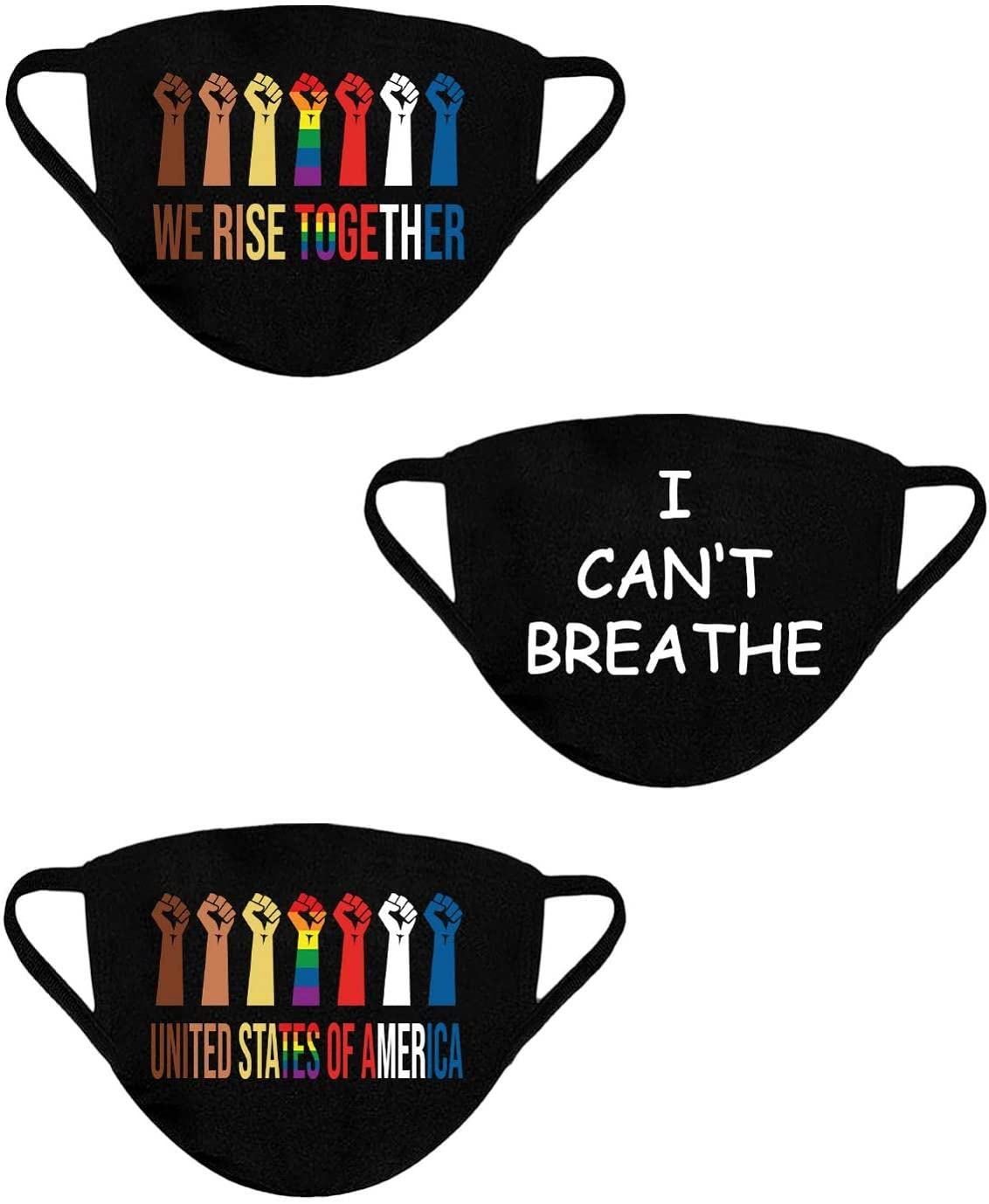 BLM We Rise Together Washable Cloth Face Masks - Reusable & Breathable - Pack of 3 - Perfect for Protests, Daily Commute & Public Safety
