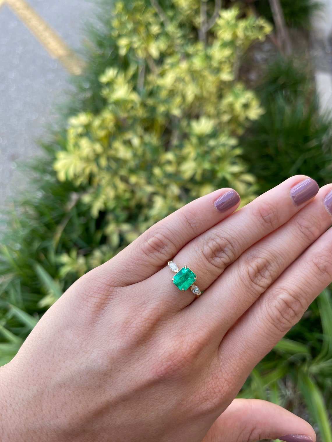 2.27tcw Three Stone Emerald & Marquise Diamond Ring 18K White Gold - Elegant Wedding Band, Anniversary Gift for Her, Perfect for Engagement, Valentine's Day & Special Occasions