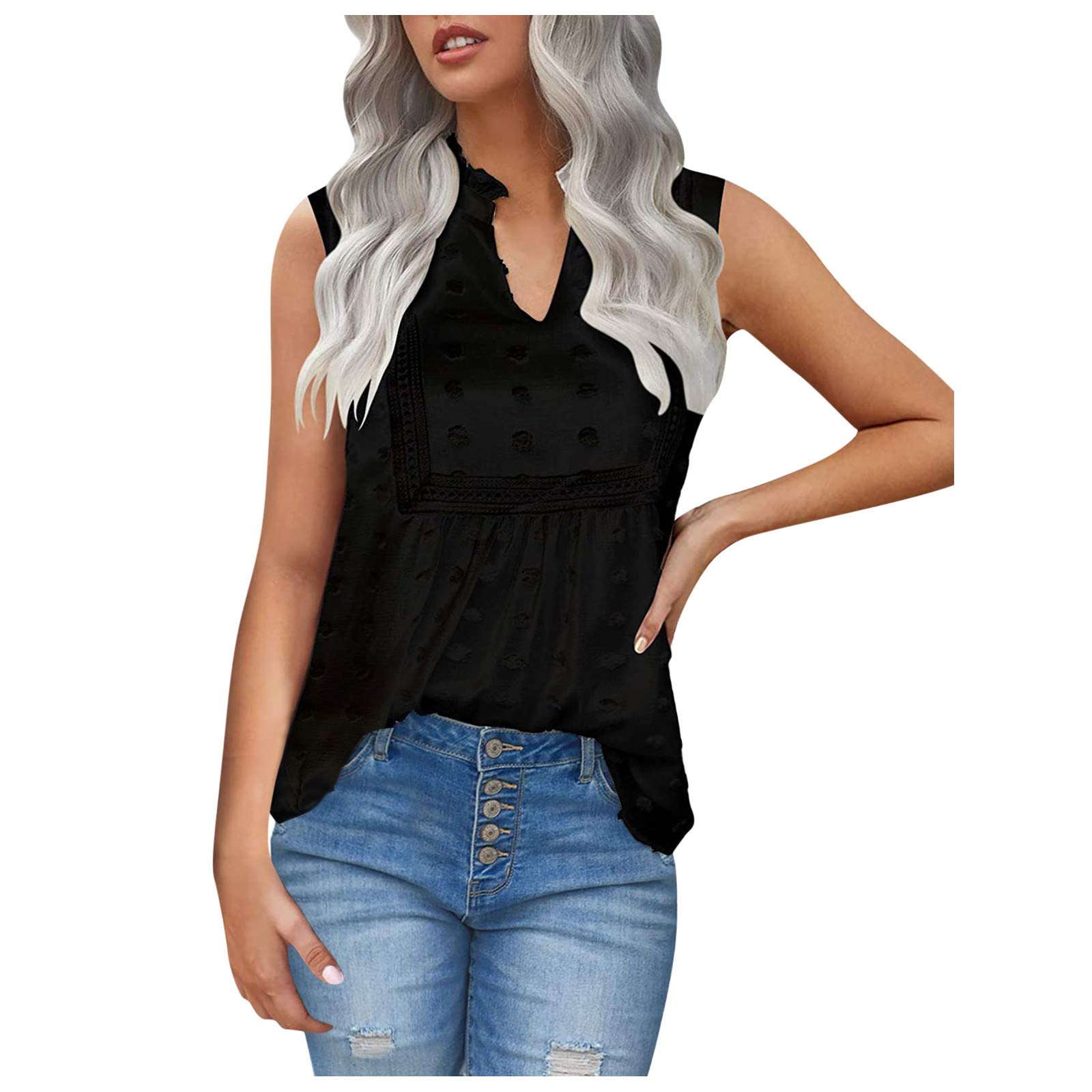 Fankle Women's Chiffon Sleeveless Blouse with Crochet Lace Insert - Swiss Dot Boho Flowy Tunic Top for Casual Wear, Summer Outfits & Beach Vacations