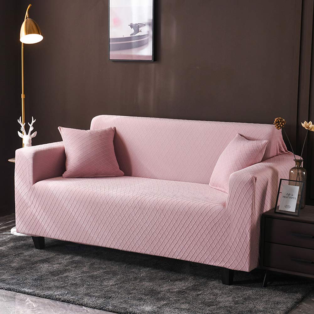 LoveHouse Stretch Sofa Cover Slipcover - Knitted Jacquard Spandex Furniture Protector, Anti-Slip Washable Couch Cover for 57-73in Sofas (Pink) - Perfect for Living Room, Bedroom & Home Decor Protection
