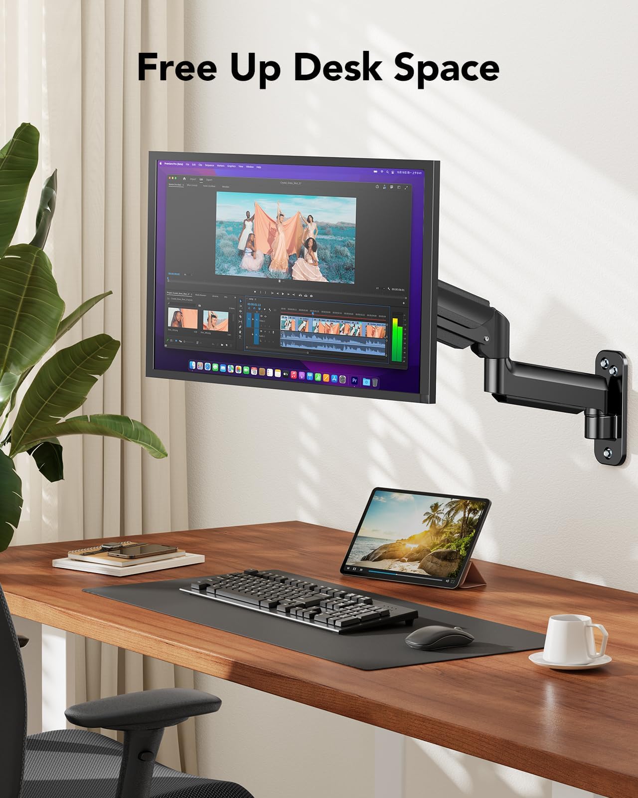 HUANUO Full Motion Gas Spring Monitor Arm for 22-35 Inch Flat/Curved Screens - Heavy Duty VESA Wall Mount Bracket up to 26.4lbs, Height Adjustable 200x200mm - Perfect for Home Office, Gaming Setup & Workspace Ergonomics