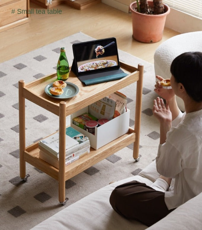 Solid Oak Wood Rolling Cart - Mobile Side Table with Wheels for Living Room, Bedroom, or Office Use