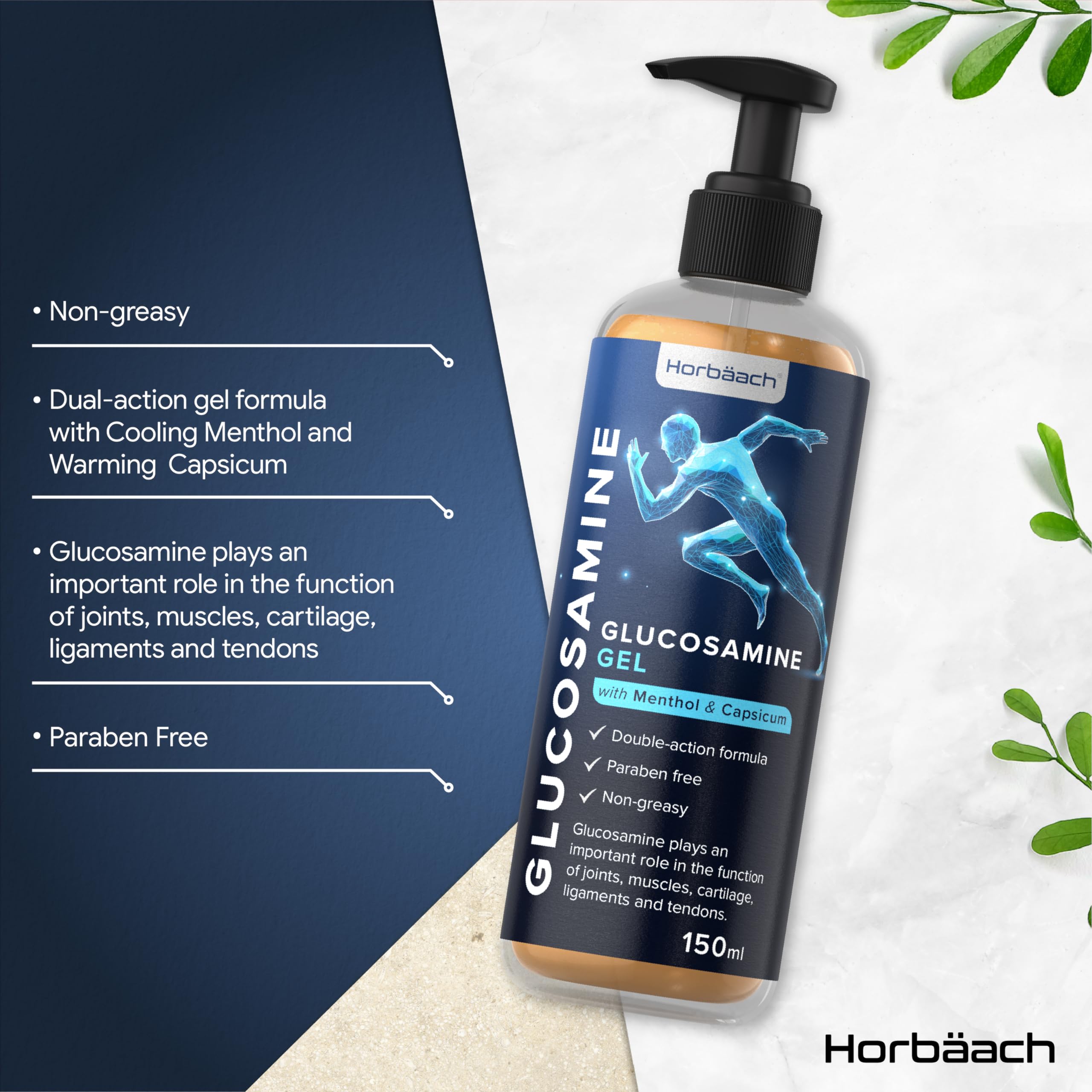 Horbaach Glucosamine Gel with Menthol & Capsicum - 150ml Fast Absorbing, Non-Sticky, Non-Greasy Joint Pain Relief Gel for Arthritis, Muscle & Back Pain - Perfect for Active Lifestyles & Post-Workout Recovery
