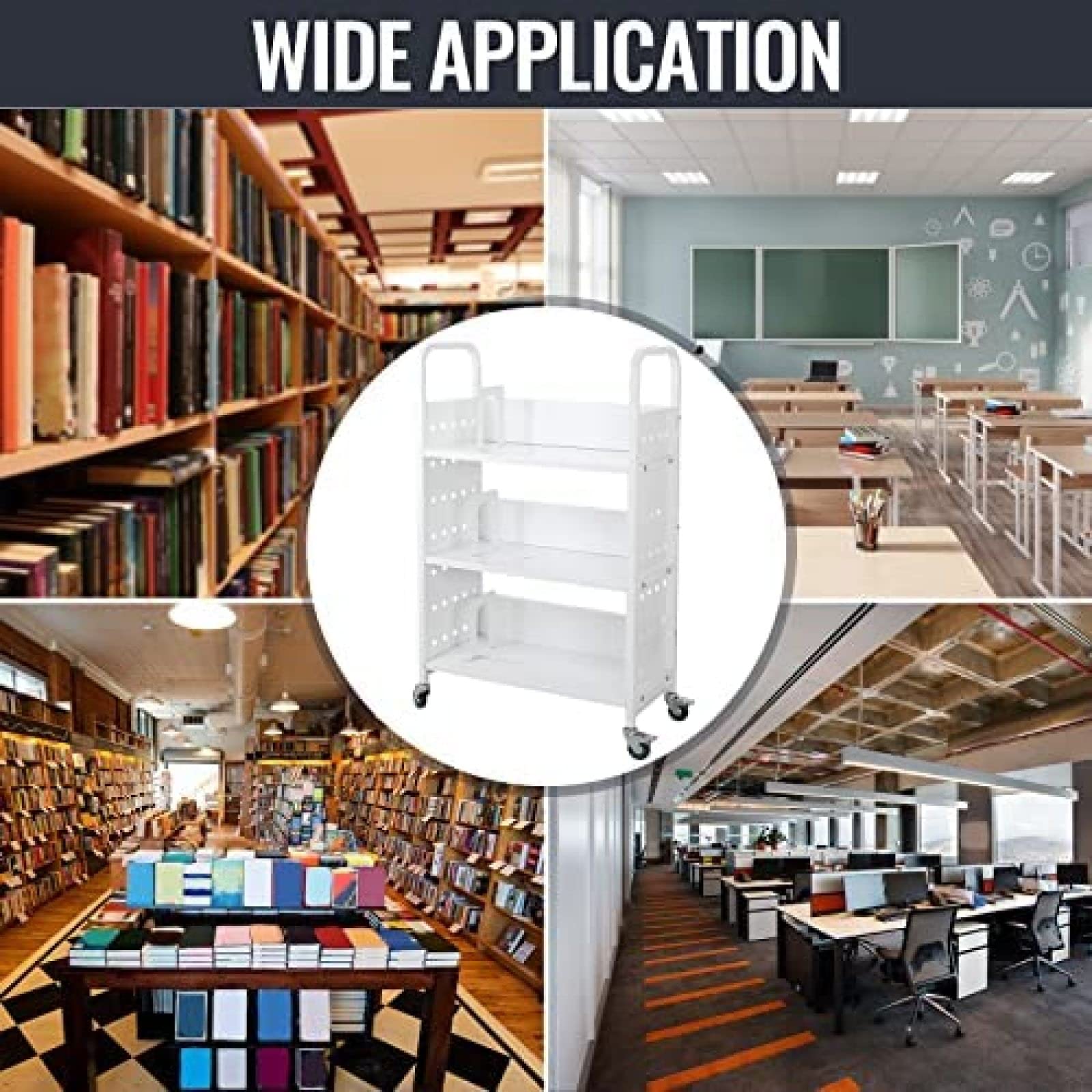 Heavy Duty Book Cart with Lockable Wheels - 200 LBS Capacity Rolling Library Cart for Home, Office & School - L-Shaped/V-Shaped Sloped Shelves for Easy Book Organization - Perfect for Libraries, Classrooms & Bookstores