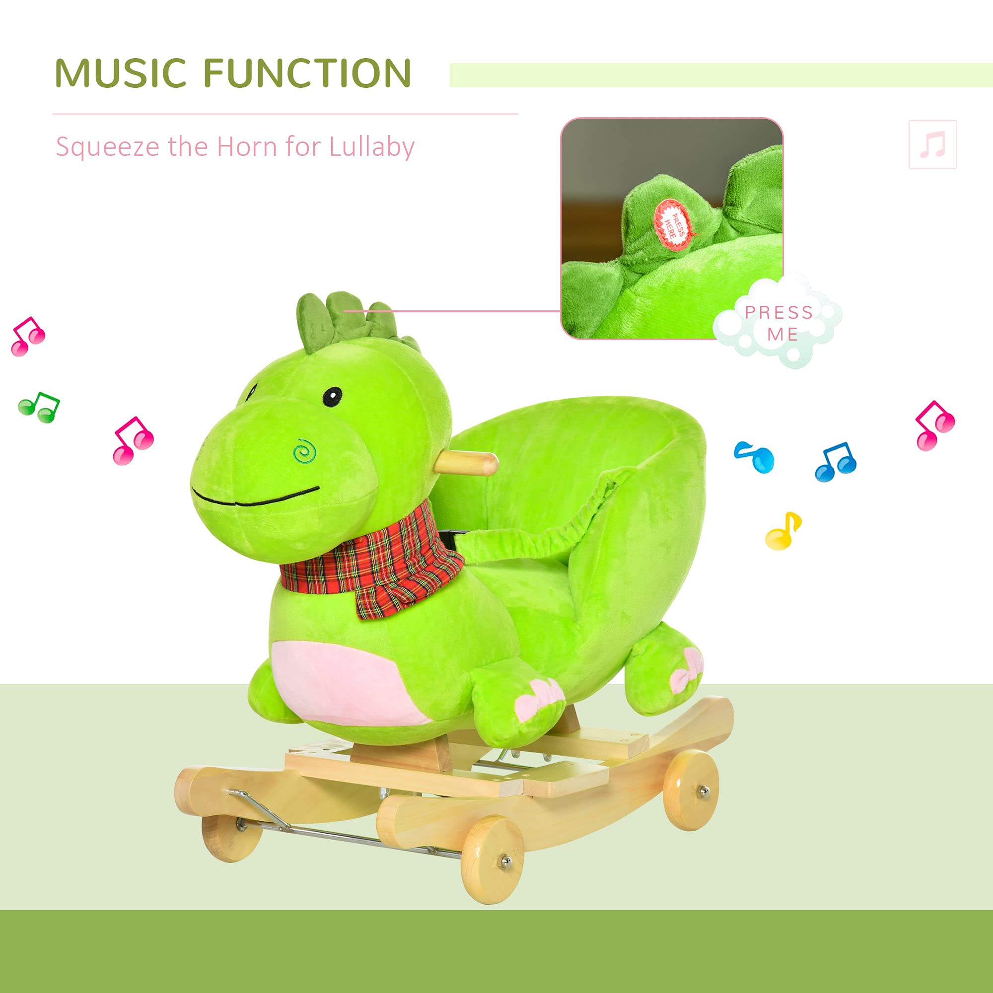 Qaba 2-in-1 Plush Rocking Dinosaur Ride-On Toy for Toddlers 18+ Months | Interactive Baby Rocking Horse with Nursery Songs | Perfect for Playtime, Nursery Decor & First Birthday Gifts