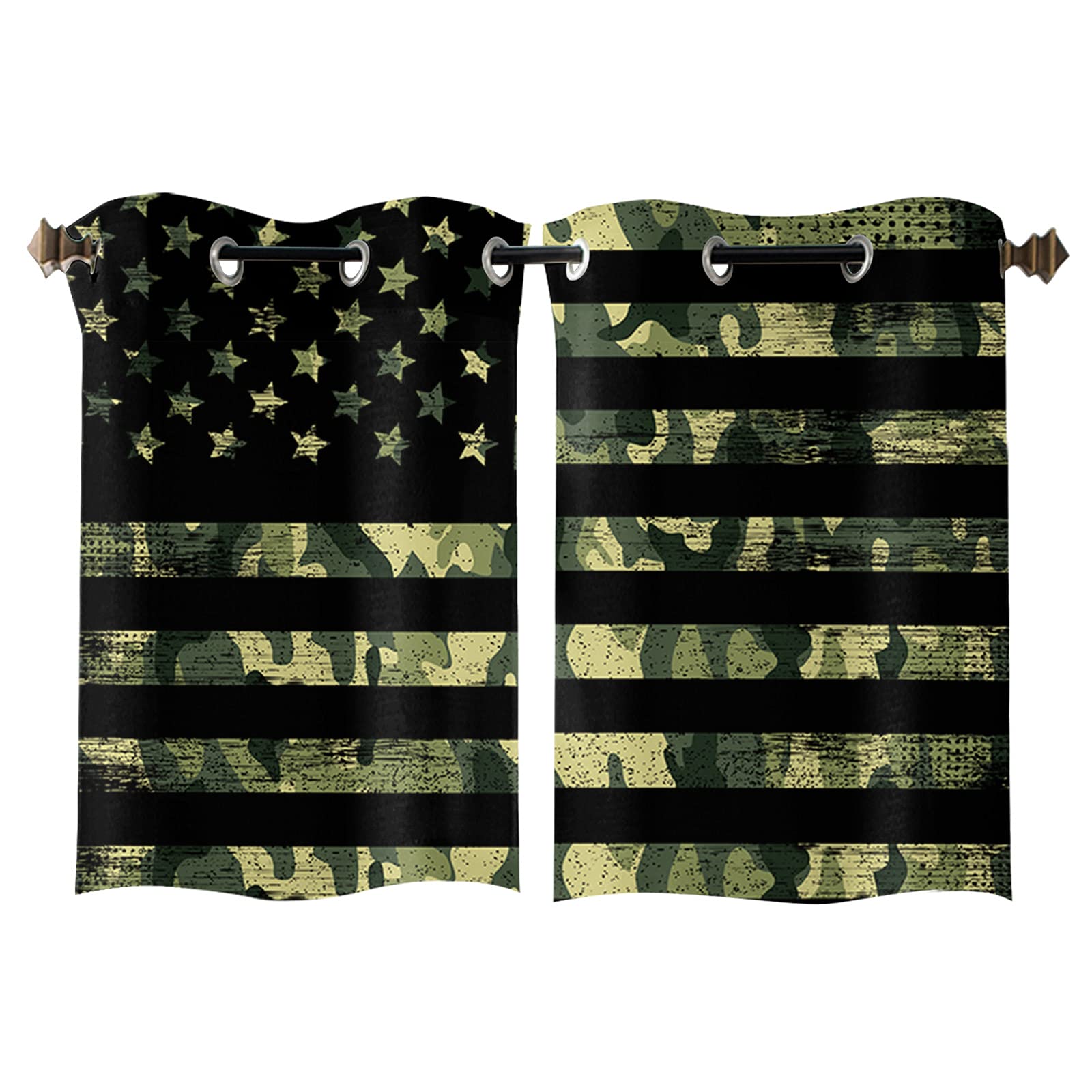 USA Flag Window Curtains - Patriotic Star & Black Stripe Camouflage Drapes with Grommet Top, Set of 2 Panels (27.5x39 in) - Perfect for Bedroom, Living Room & Kitchen Decor | American Theme Home & Office Window Treatments