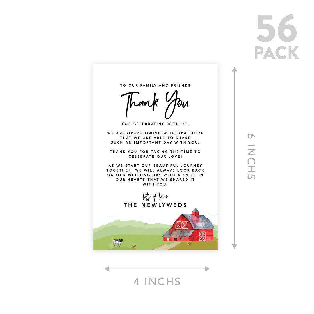 Elegant Barn Farm Wedding Thank You Place Cards - 56-Pack 4x6 Inch Seating Table Cards for Wedding Reception, Dinner Plates & Guest Favors - Perfect for Rustic Weddings, Bridal Showers & Anniversary Celebrations