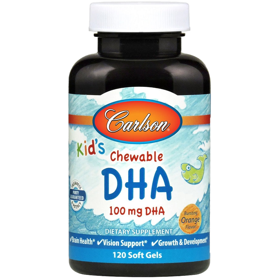 Carlson Labs Kids Chewable DHA 100mg Orange Flavor Softgels - 120 Count | Brain & Eye Support for Children | Perfect for School, Travel & Daily Nutrition