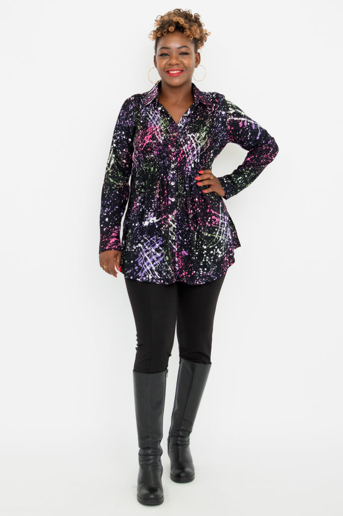 Cindy Long Sleeve Blouse with Splash Print - Elegant Women's Top for Office, Party & Casual Wear