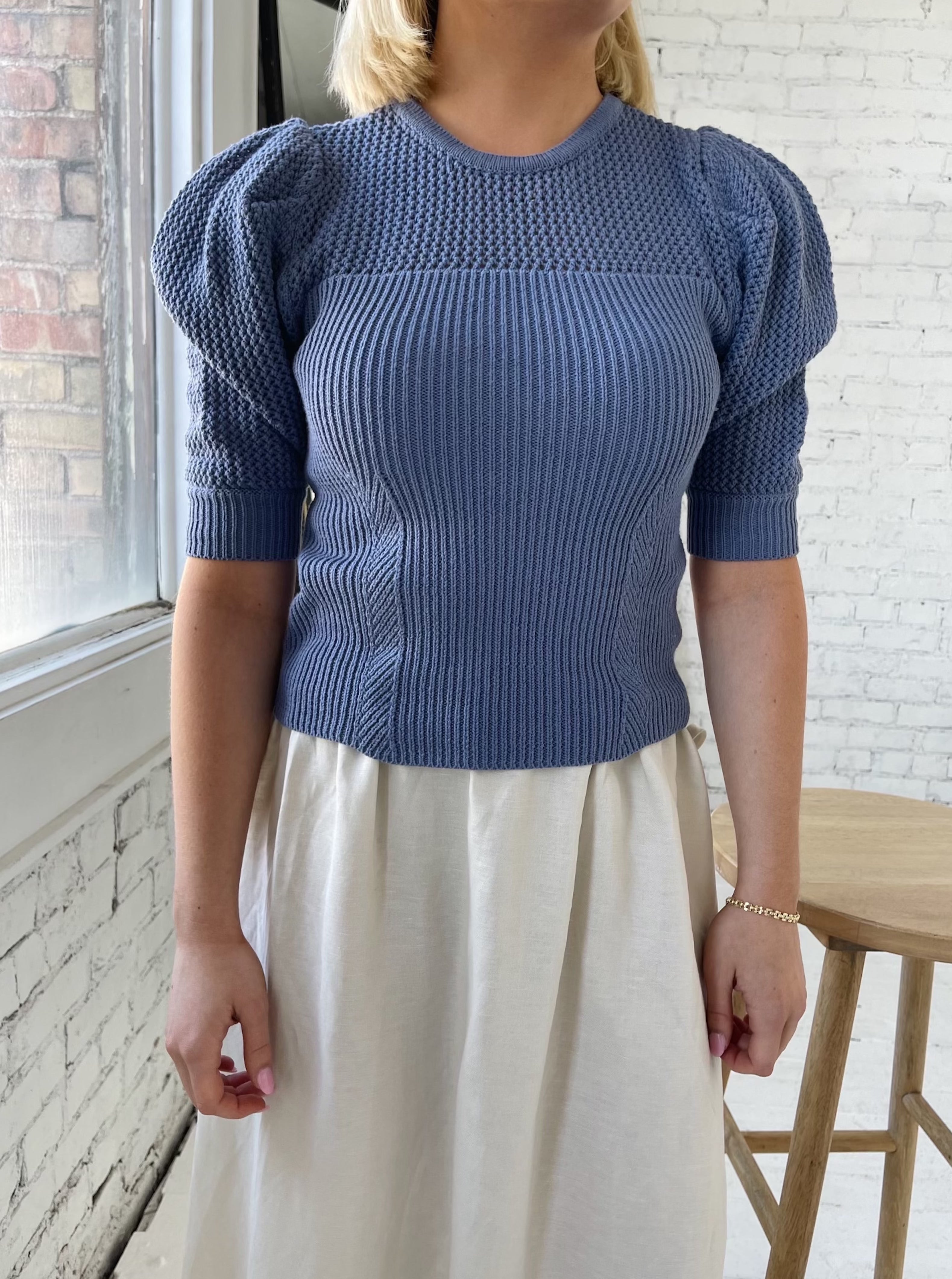 Lena Puff Sleeve Sweater Women's Indigo Knit Pullover - Cozy Winter Fashion for Casual Outings & Office Wear