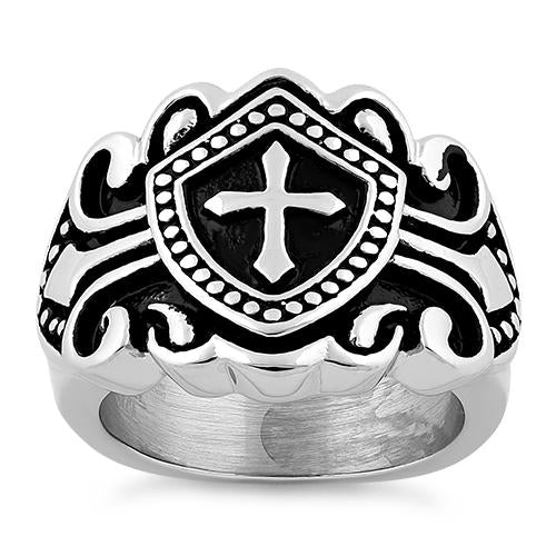 Stainless Steel Cross Crest Shield Ring for Men - Gothic Punk Jewelry, Religious Symbol Ring - Perfect for Everyday Wear, Gift Giving & Alternative Fashion