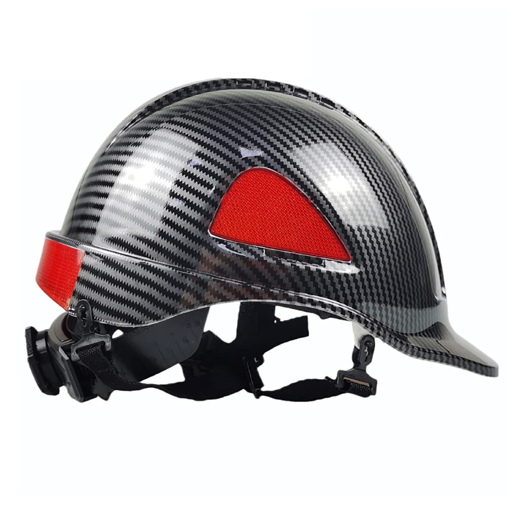 Carbon Fiber Safety Helmet with 3-Side Reflectors - Breathable, Anti-Smashing & Anti-Drop Construction Hard Hat (Bright Black) - Ideal for Construction Sites, Road Work & Industrial Safety