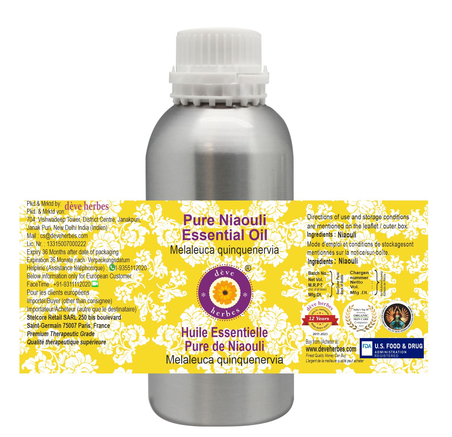 Deve Herbes Pure Niaouli Essential Oil (Melaleuca quinquenervia) - 630ml (21 oz) Steam Distilled Therapeutic Grade - Aromatherapy, Skin Care & Home Diffuser Use