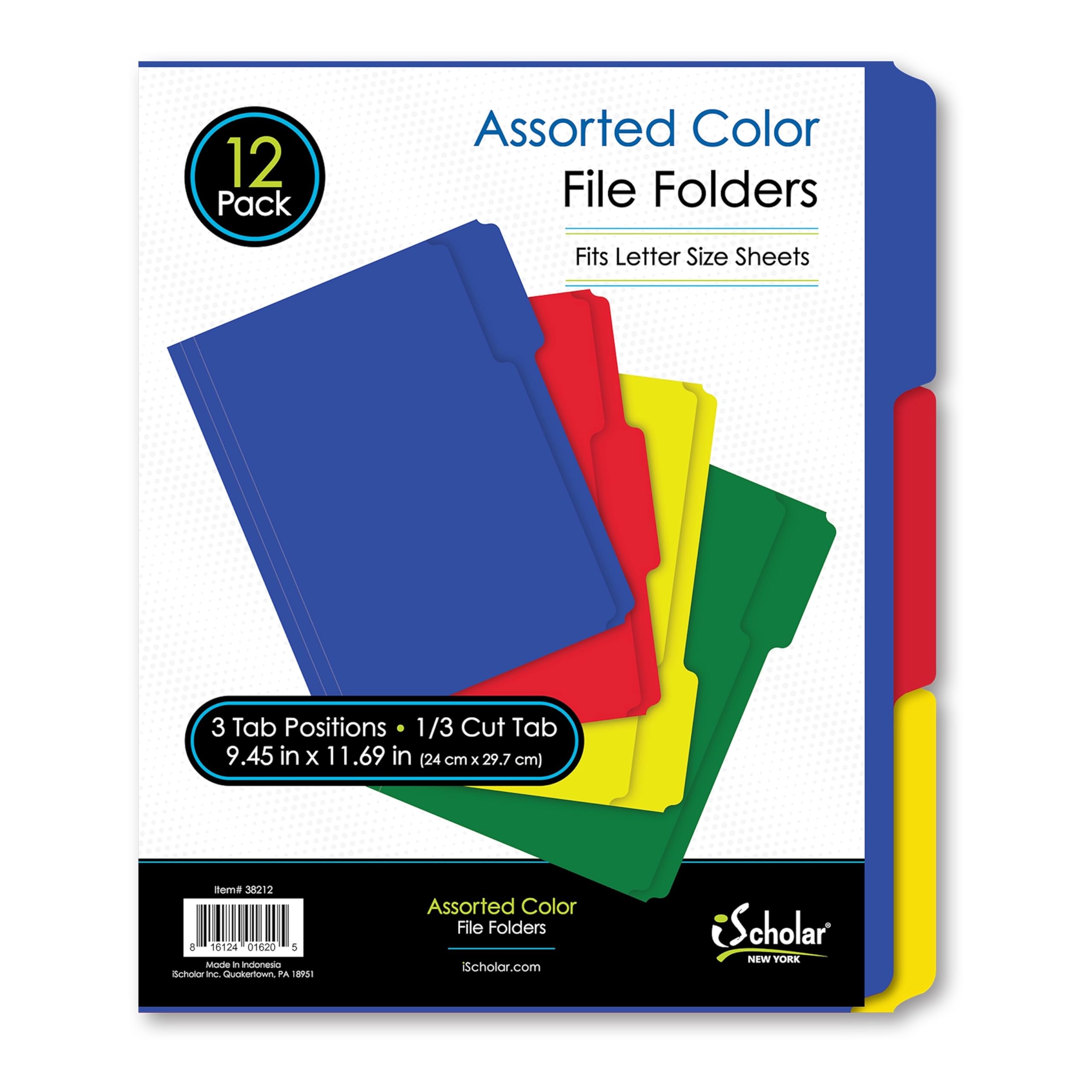 iScholar Assorted Color File Folders - Letter Size, 12 Pack (38212) - Perfect for Office Organization, School Supplies & Home Filing Systems