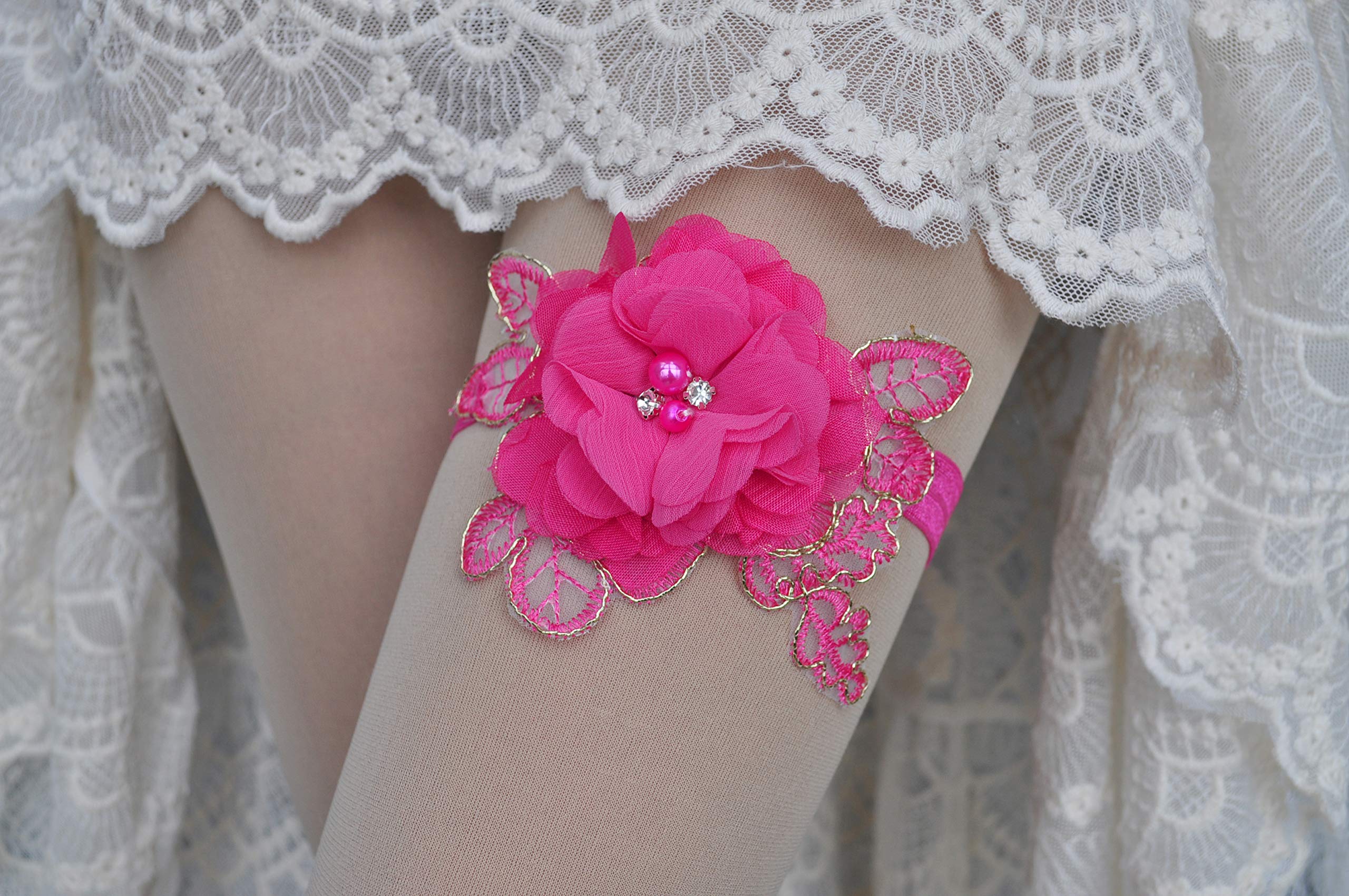 Elegant Wedding Garter for Bride - Pearl Embellished Bridal Garter Set, Single Garter for Weddings, Halloween & Special Occasions (Hot Pink) - Perfect for Bridal Showers, Bachelorette Parties & Photo Shoots