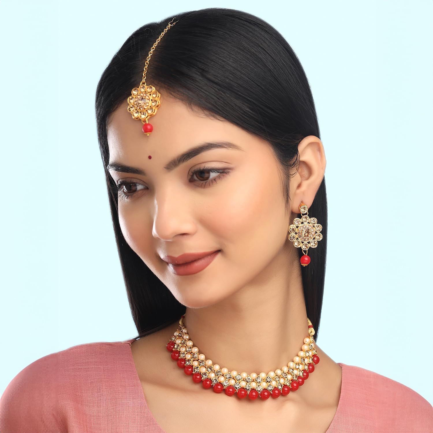Yellow Chimes Jewelry Set for Women | Traditional Red Kundan Beads Choker Necklace Set | Gold Plated Ethnic Choker | Birthday & Anniversary Gift for Wife | Perfect for Weddings, Parties & Special Occasions
