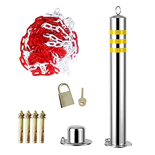 Removable Metal Parking Barrier Bollard Post with 5m Plastic Chain - Heavy Duty Garage & Private Parking Solution, Street Safety Bollard with Reflective Road Markers (650x89mm) - Perfect for Driveways, Shopping Centers & Construction Sites