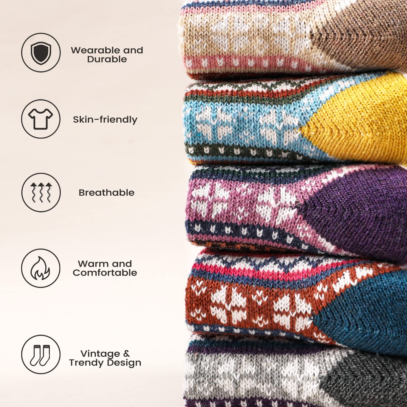 5 Pairs Warm Winter Wool Socks for Women & Men - Soft Cozy Knit Thermal Socks - Perfect for Hiking, Snow Boots & Cold Weather Gifts