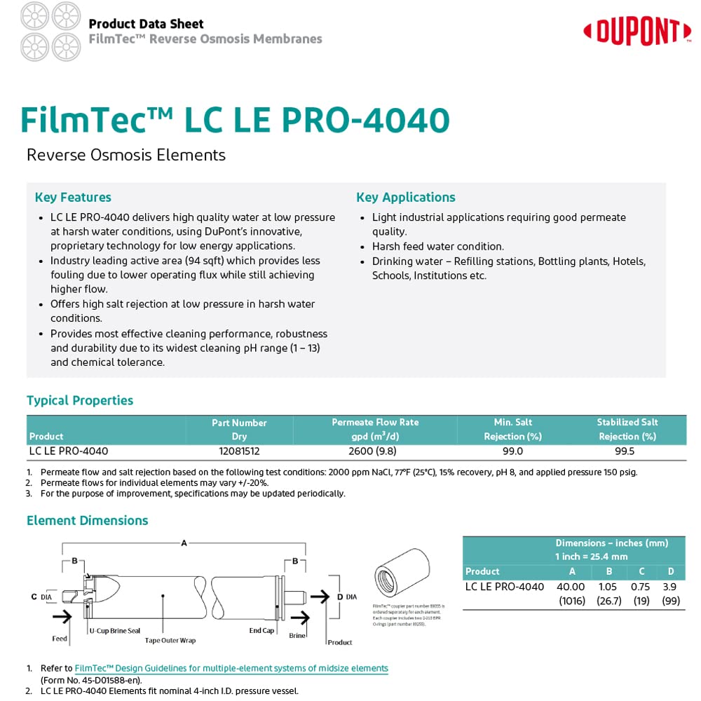 Dow Filmtec LC LE-4040 Commercial Low Energy Reverse Osmosis Membrane - 4