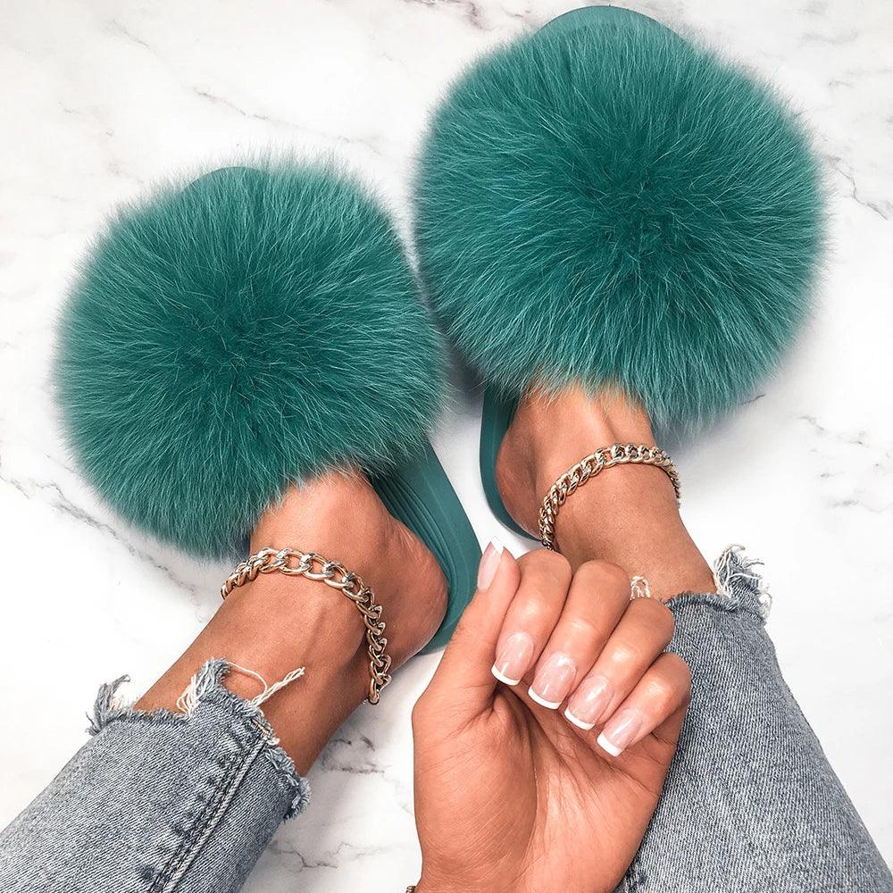 Women's Fluffy Fox Fur Slippers - Cozy Plush House Sandals for Indoor Comfort & Winter Warmth | Perfect for Lounge, Bedroom & Gift Giving