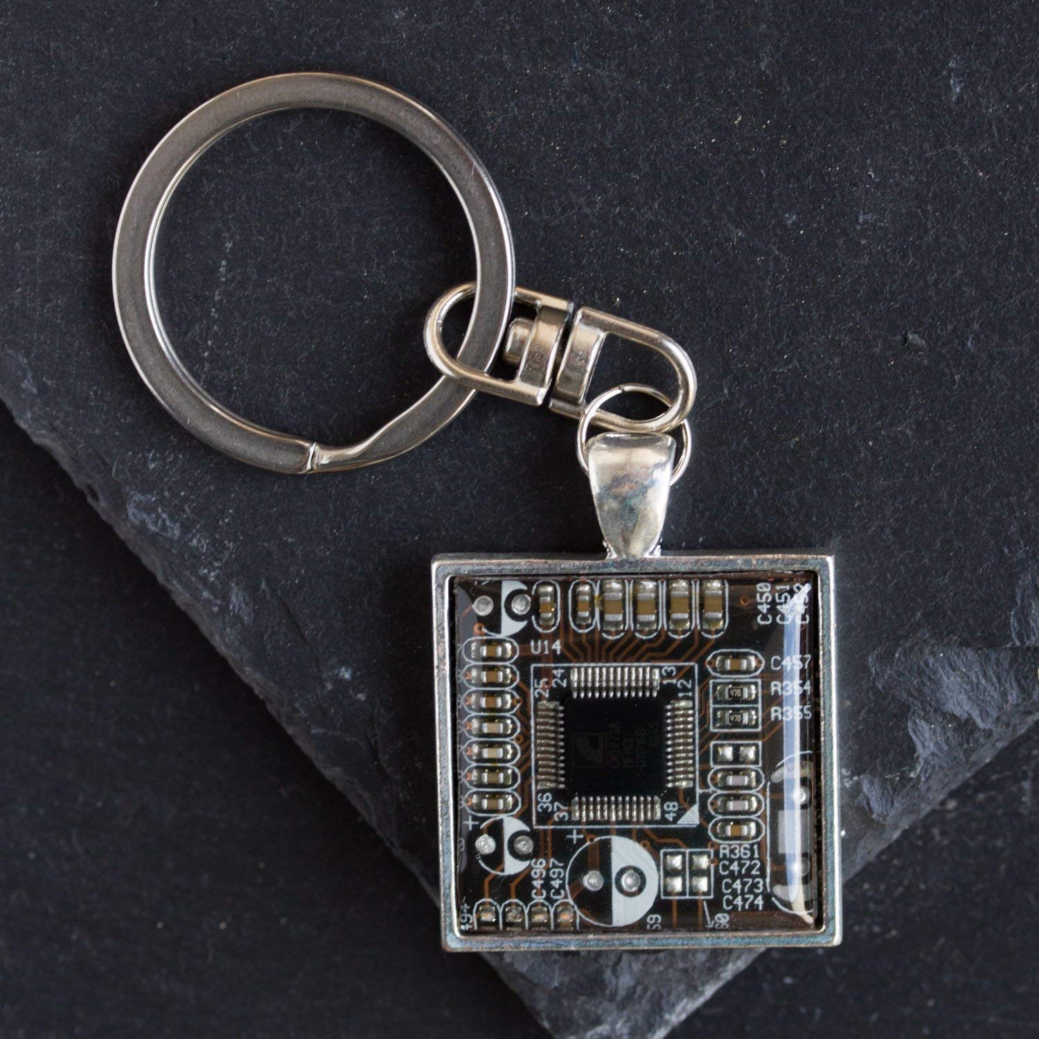 Eco-Friendly Recycled Circuit Board Keychain - Black/Dark Brown Square Design | Perfect for Tech Enthusiasts, Gifts & Sustainable Lifestyle Accessories