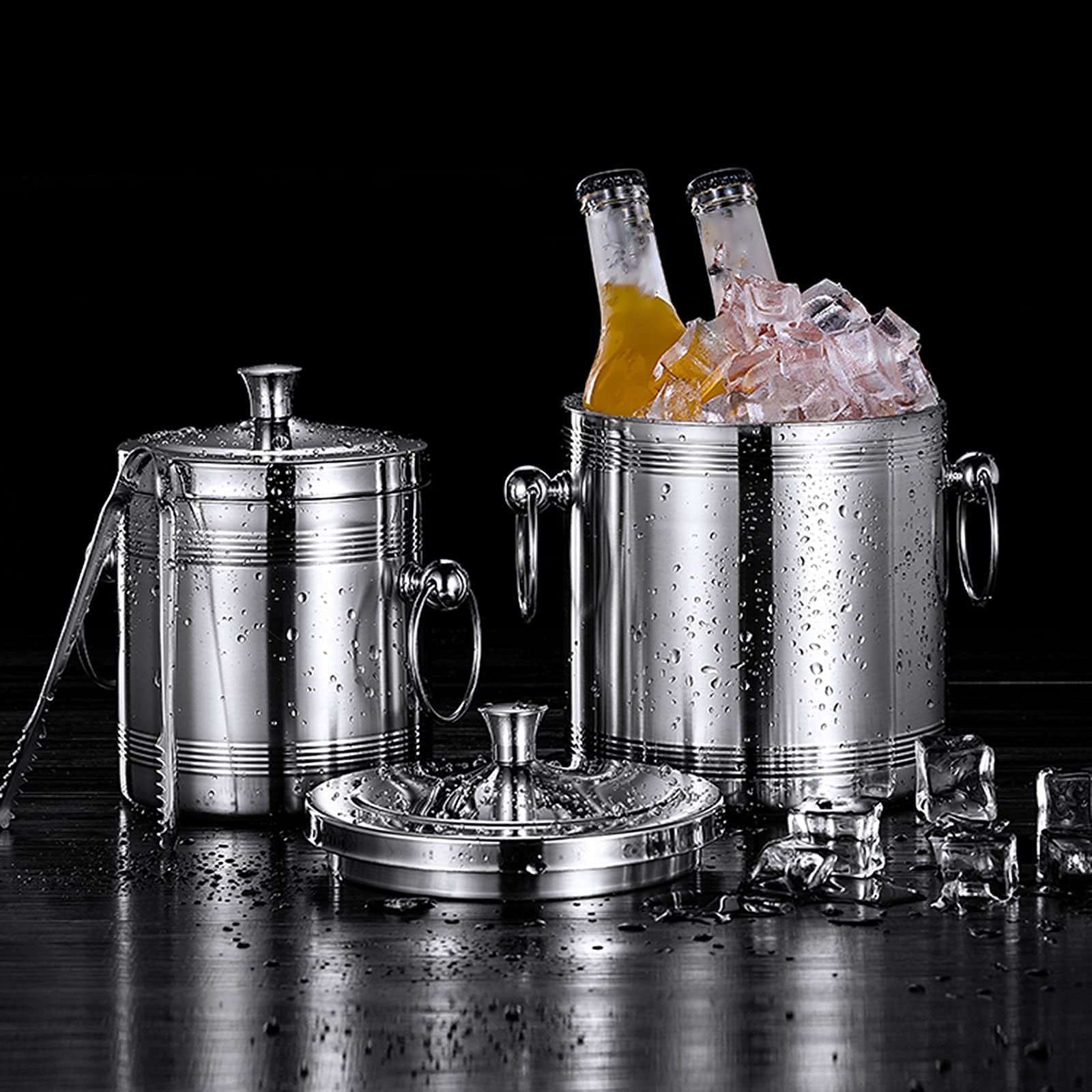 Premium Stainless Steel Double Wall Ice Bucket Set with Lid, Tongs & Strainer - 1L/1.4L/1.7L Capacity for Keeping Ice Cold & Dry - Perfect for Bars, Parties, Chilling Beer, Champagne & Wine - Ideal for Outdoor Gatherings, Home Entertaining & Restaurant Use
