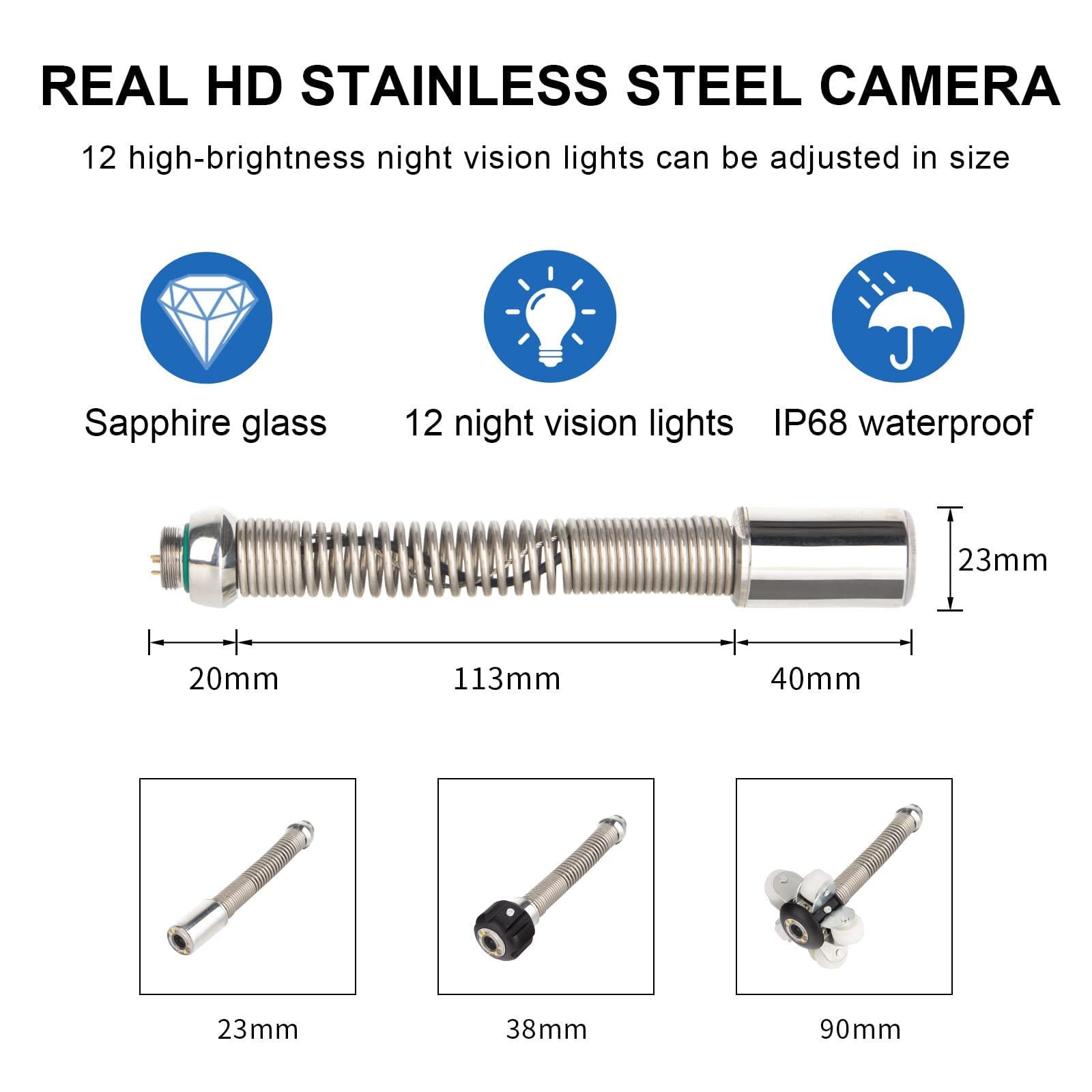 0.9 Inch/23mm Self-Leveling Sewer Camera Head with Wheels & Protective Cover - Industrial Drain Pipe Endoscope Accessories for Plumbing, HVAC & Municipal Maintenance Inspections