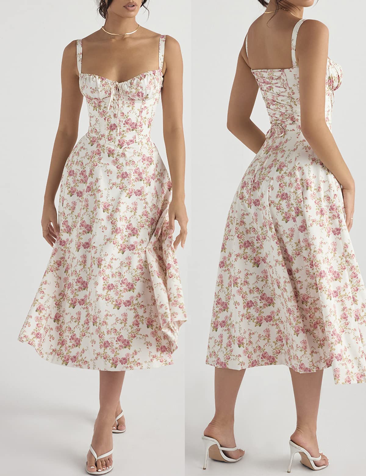 Houstil Women's Floral Print Midi Dress - Sleeveless Strappy Cami Bodycon Summer Dress for Wedding Guest, Party, Date Night & Casual Wear