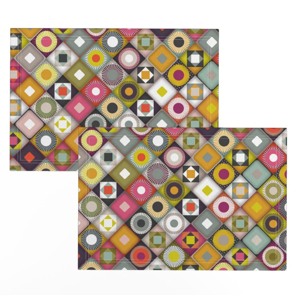 Premium Linen Cotton Canvas Placemats Set of 2 - Bohemian Diamond Quilt Square Design for Dining Table Decor | Midcentury Modern Style | Washable & Durable for Everyday Use