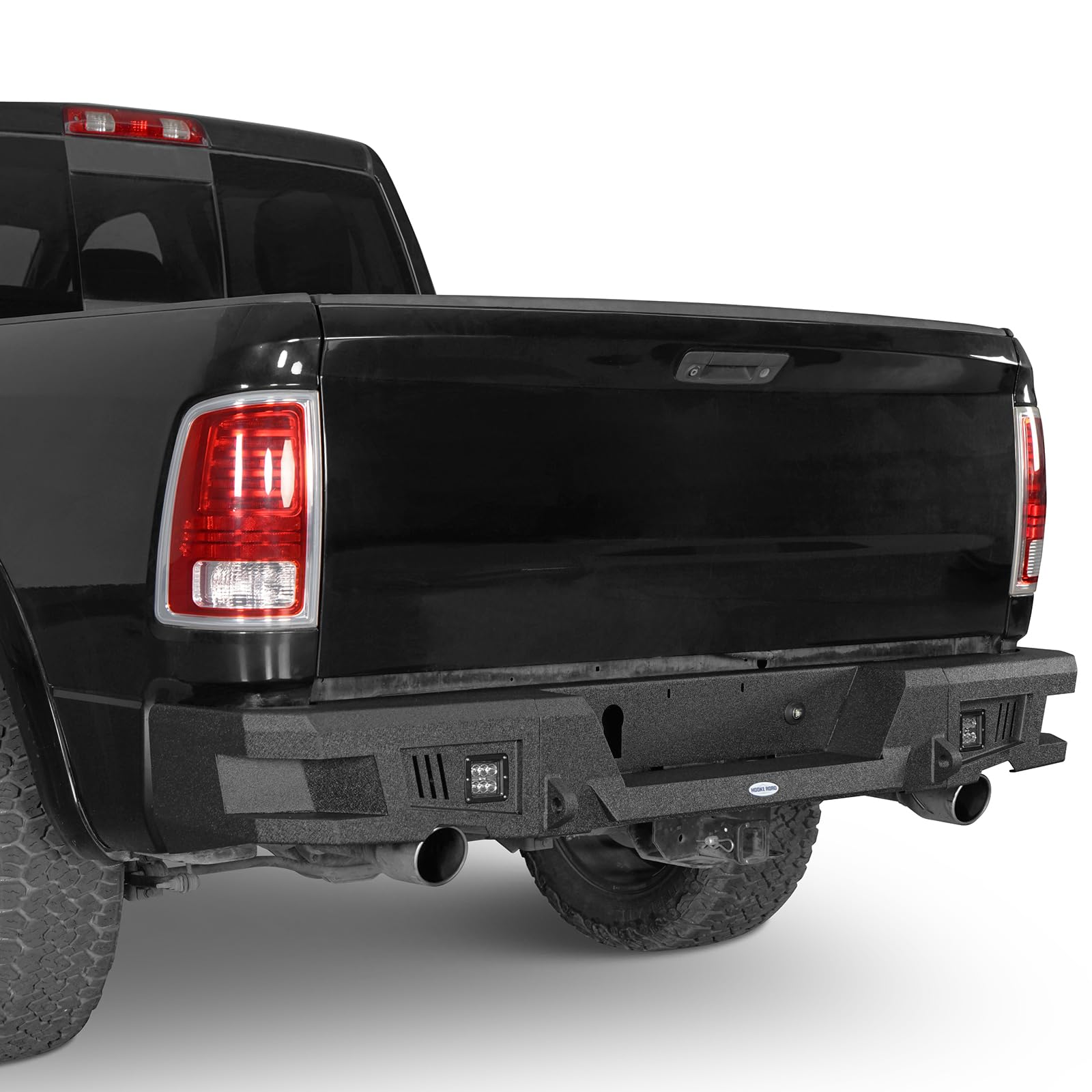 Hooke Road Heavy Duty Rear Bumper with D-Ring Mount & LED Lights for 2009-2018 Dodge Ram 1500 Pickup Truck - Offroad Step Bumper for Enhanced Safety and Towing - Perfect for Off-Roading, Camping & Work Sites