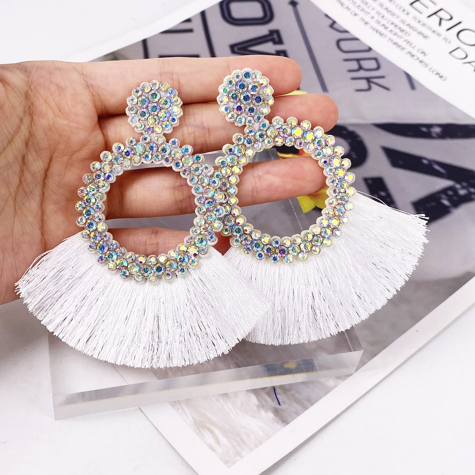 Boho Crystal Tassel Earrings for Women - Sparkly Scalloped Cotton Thread Dangle Earrings 3.34