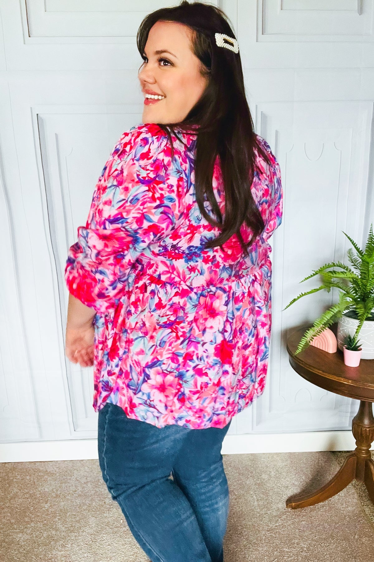 Feeling Femmi Pink & Fuchsia Floral Peplum Woven Top for Women - Elegant Blouse for Spring Summer Outfits, Date Night & Office Wear