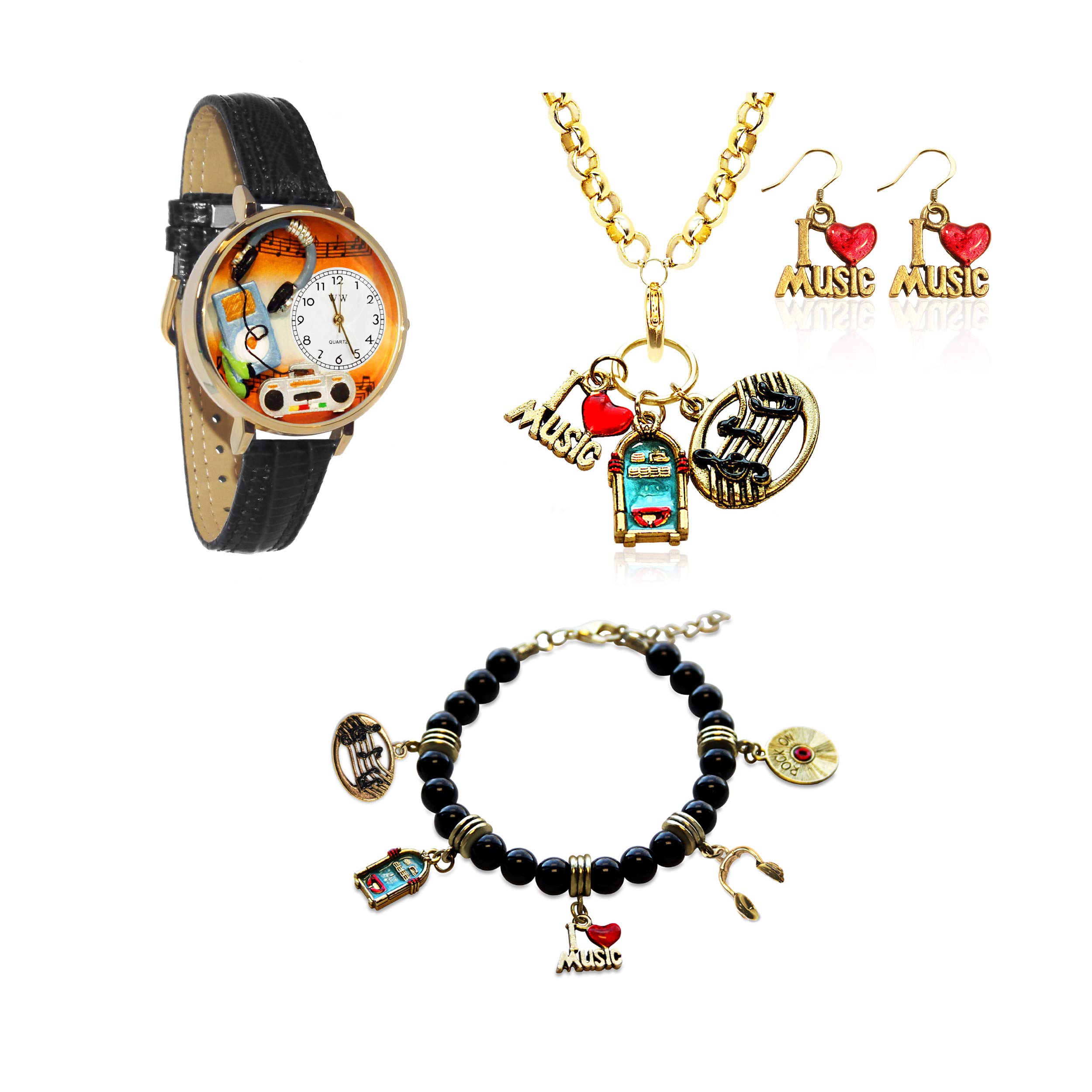 Whimsical Music Lover Watch & Jewelry Set (4-Piece, Gold) - Perfect Gift for Musicians, Music Teachers & Concert Goers - Great for Birthdays, Anniversaries & Graduations