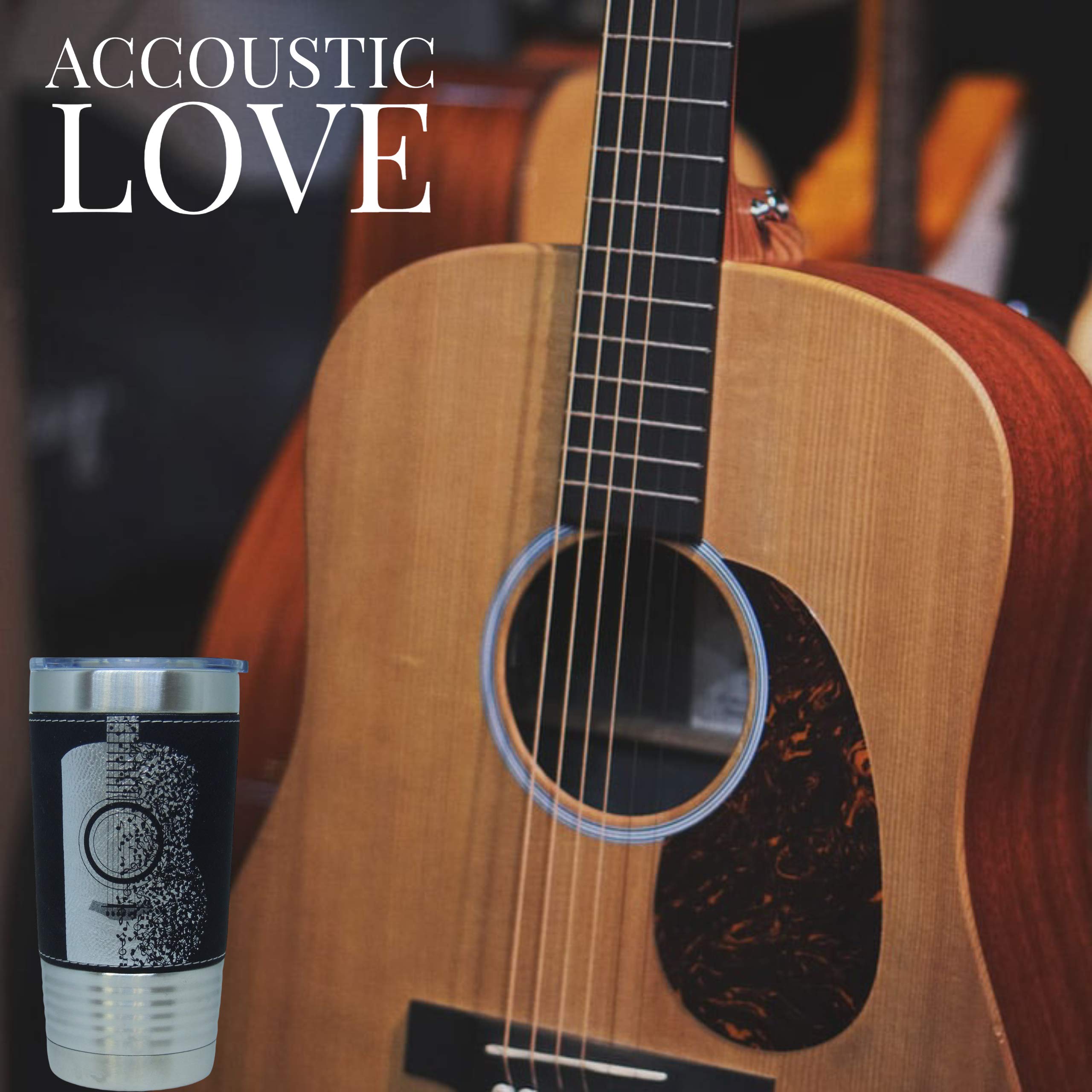 20oz Stainless Steel Vacuum Insulated Tumbler with Acoustic Guitar Leather Wrap - Black Music Lover's Travel Mug for Coffee, Tea & Cold Drinks | Perfect for Musicians, Camping & Outdoor Adventures