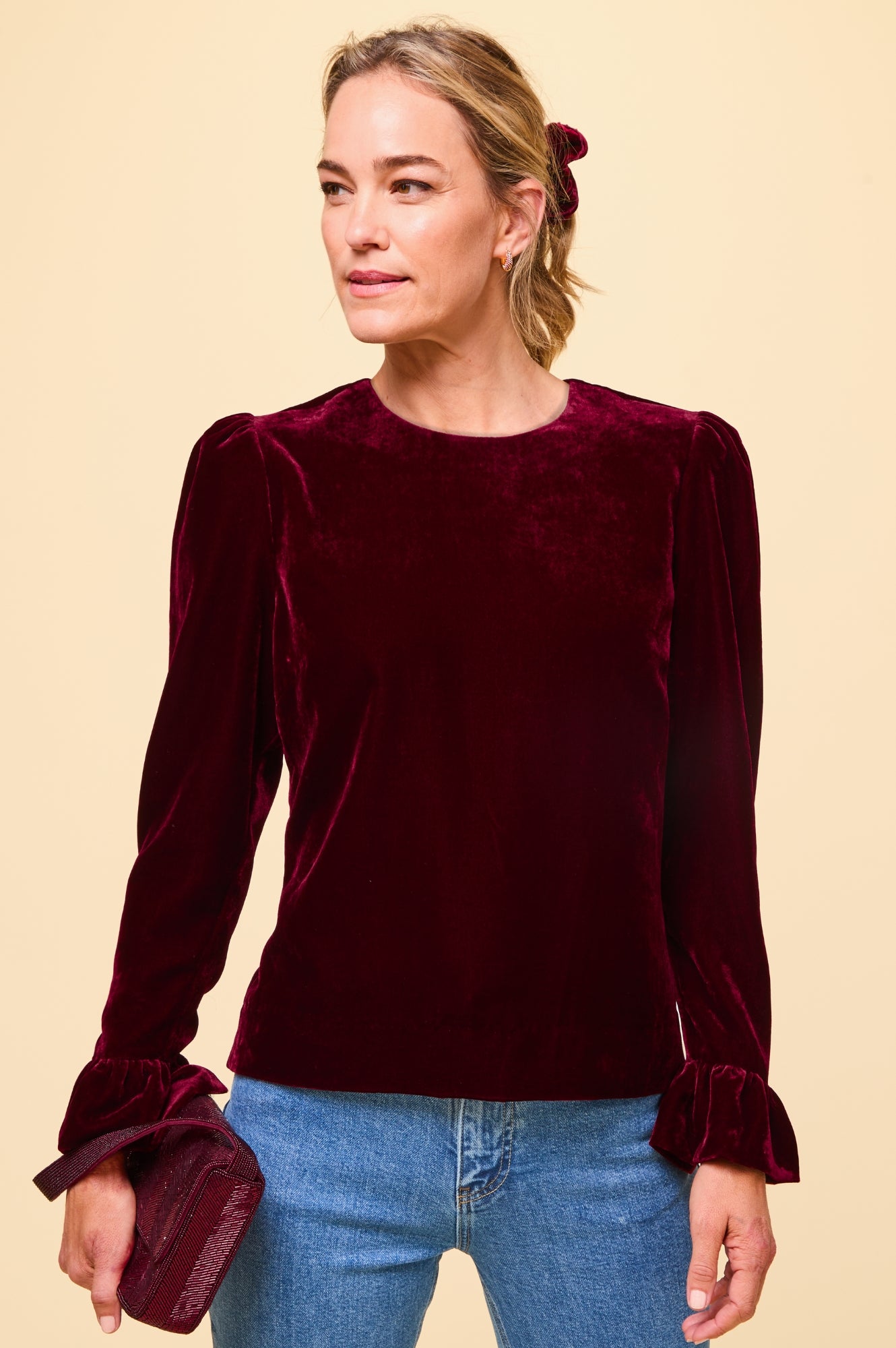 Victoria Velvet Top for Women | Elegant Ruby Red Blouse with Long Sleeves - Perfect for Parties, Date Nights & Special Occasions