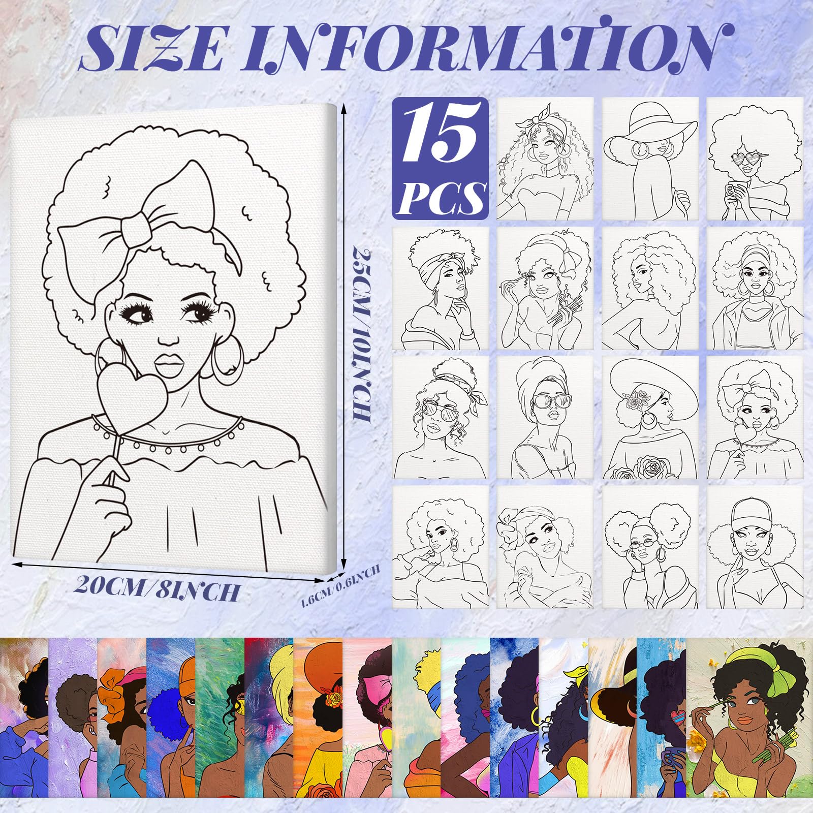 Qilery 15-Piece 8''x10'' Pre-Drawn Canvas Painting Kit for Adults & Kids - Afro Queen Art Set with Brushes | Perfect for Paint Parties, Sip & Paint Events, Date Nights, DIY Birthday Gifts & Family Art Activities