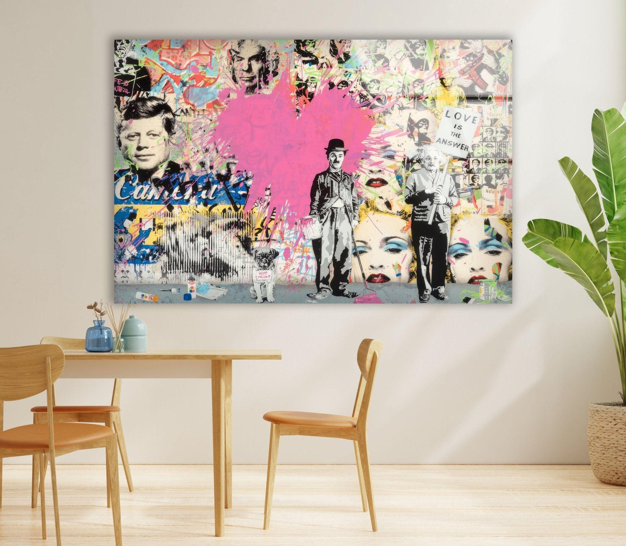Banksy Charlie Chaplin Street Art Glass Wall Decor - Modern Urban Home & Office Artwork for Living Room, Bedroom, or Office