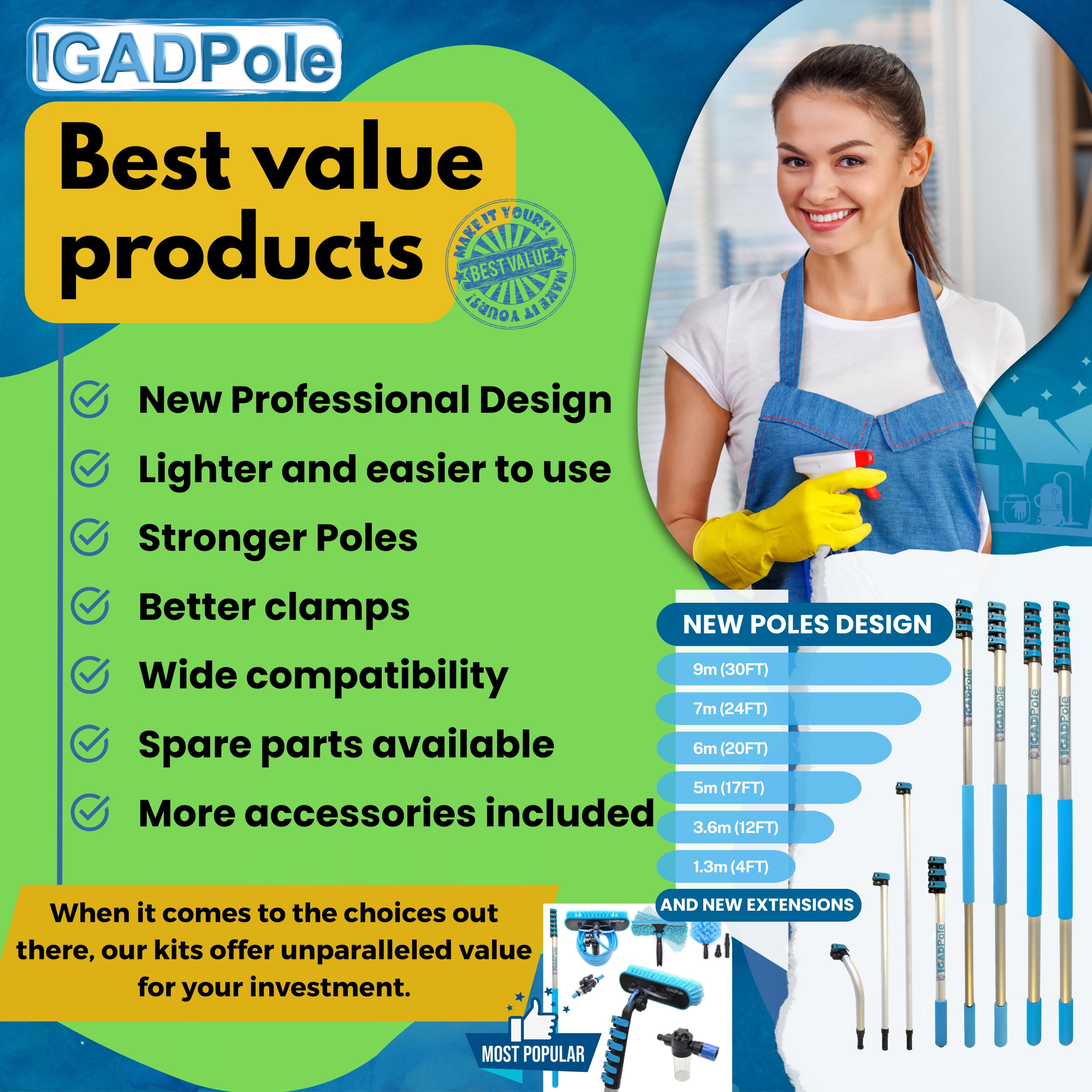 24ft IGADPole Window Washing Kit - 6-Stage Telescoping Pole (5-24ft), Water-fed Brush, Cobweb Duster, 10” Squeegee & Soap Dispenser for Professional Window Cleaning - Perfect for High-Rise Buildings, Residential Homes & Commercial Properties