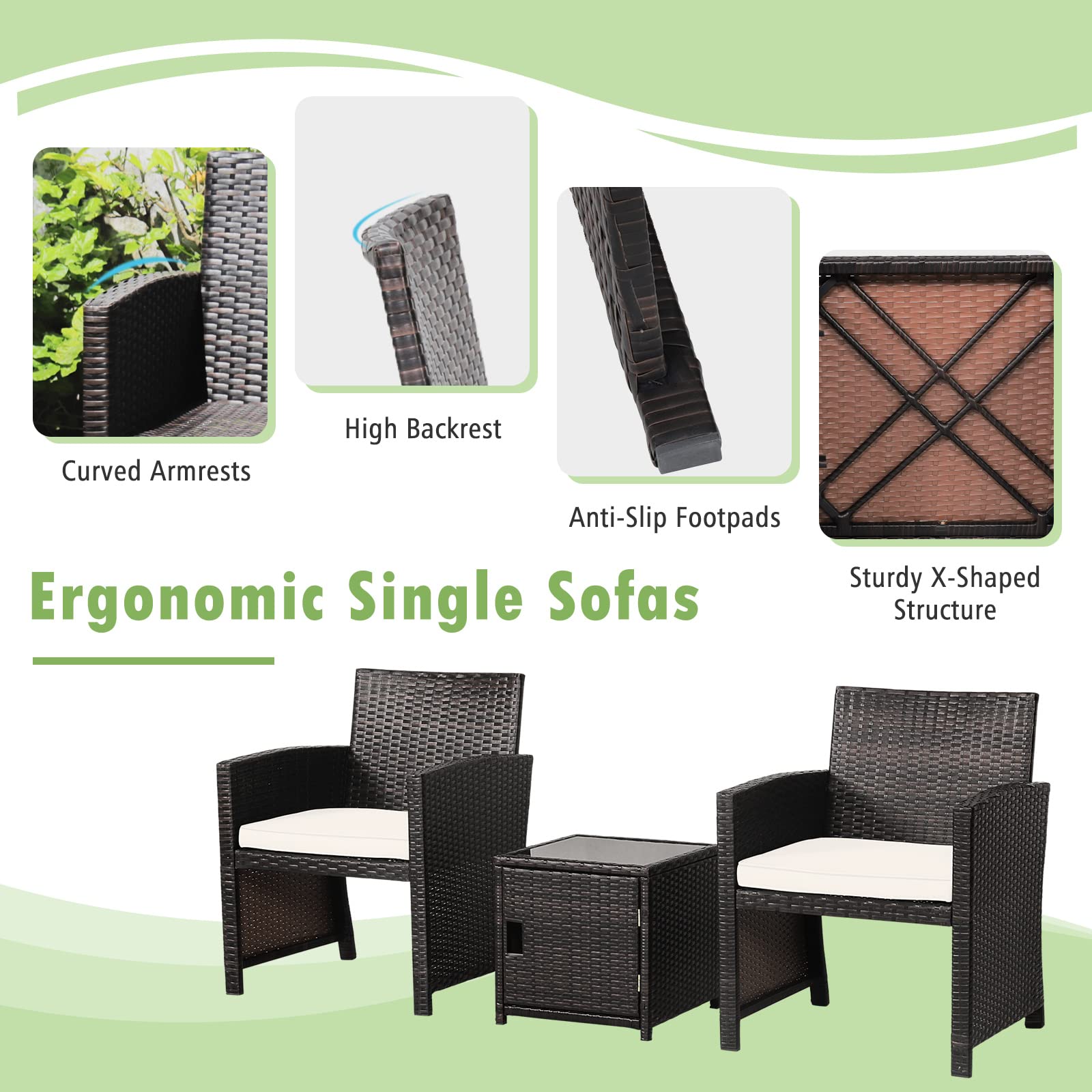 RELAX4LIFE 3-Piece PE Rattan Outdoor Patio Furniture Set with Cushions & Storage Coffee Table - White Wicker Bistro Conversation Set for Porch, Deck, Balcony, Poolside - Perfect for Relaxing, Entertaining & Outdoor Dining
