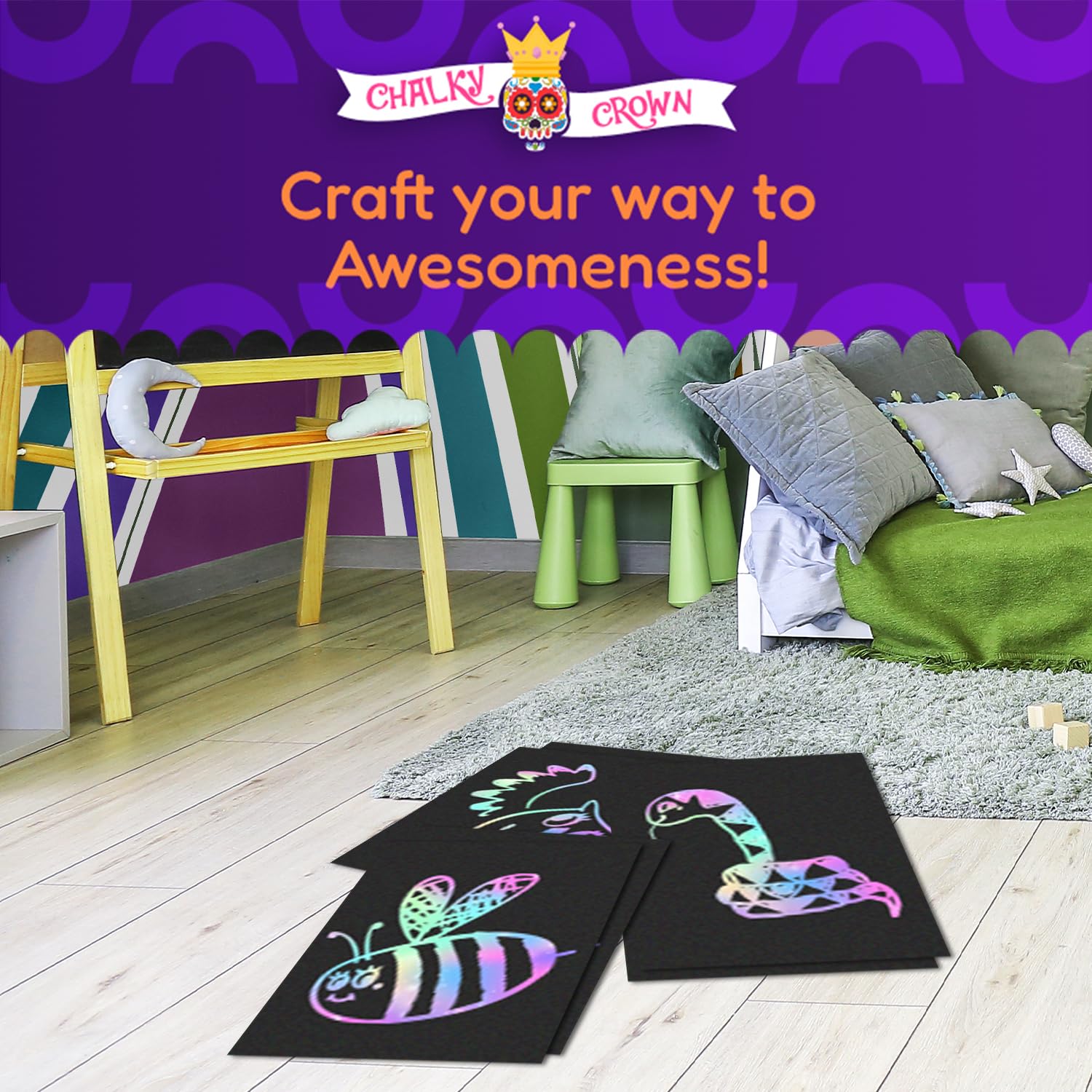 CHALKY CROWN Scratch Art Paper Set - Black & Rainbow Scratch Art Paper for Kids DIY Crafts - Creative Art Supplies for Birthday Parties, Classroom Activities & Stress Relief