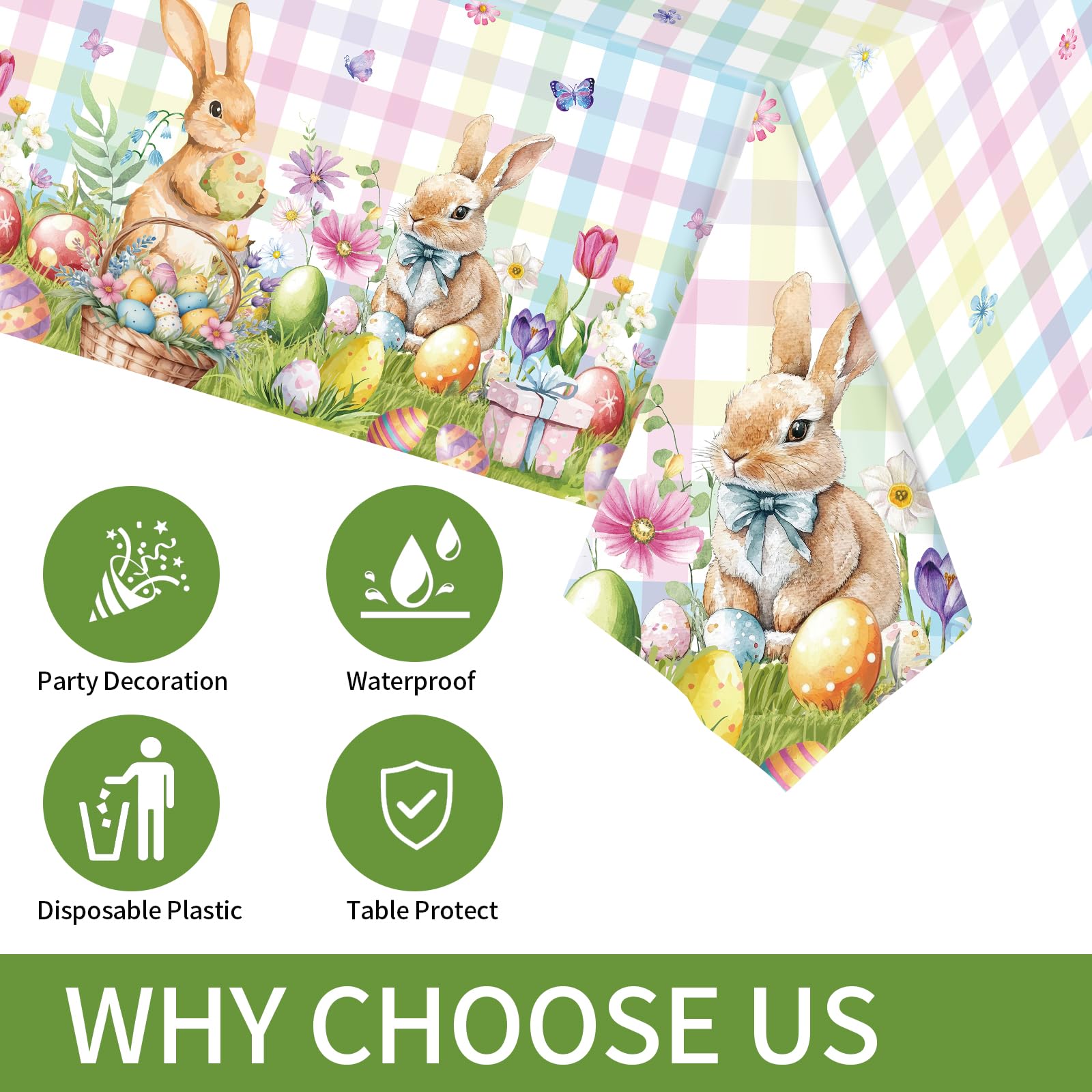 3PCS Easter Tablecloth Set - Disposable Waterproof Plastic Table Cover 54x108 Inch, Spring Bunny Buffalo Check Plaid Design for Easter Party, Birthday Celebration & Outdoor Picnic Decorations (Easter Table Decor)