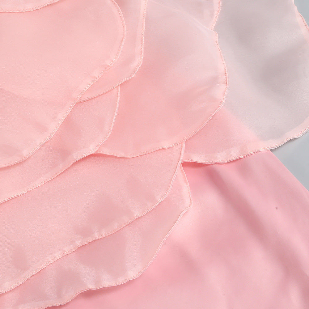 Andrea Mesh Flower One Shoulder Midi Dress in Pink - Elegant Summer Party, Wedding Guest, and Cocktail Dress for Women
