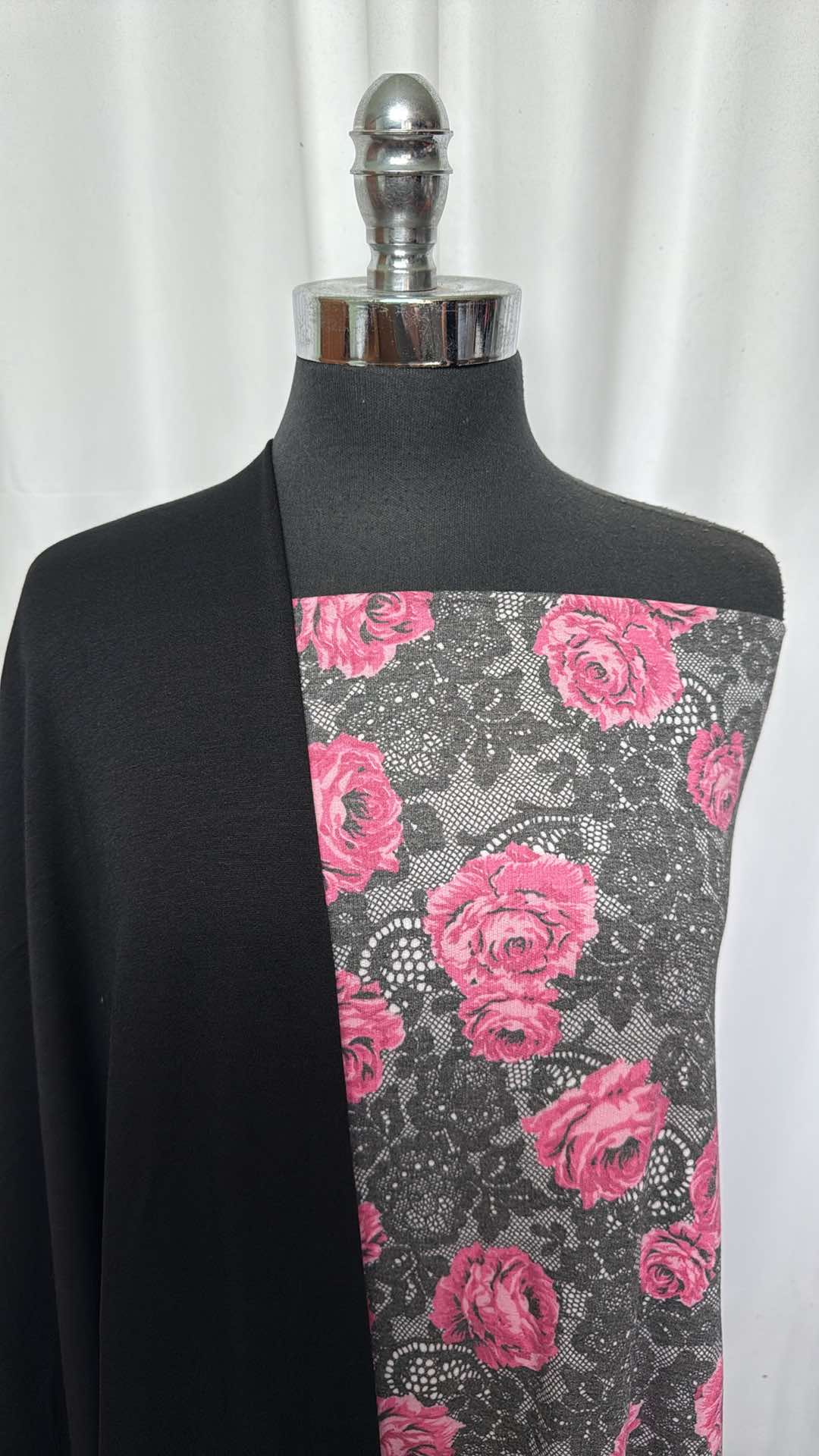 2 Yards Pink Floral Lace Fabric & 2 Yards Black Modal Brushed Fabric Bundle - A26857 | Soft Stretchy Material for DIY Dresses, Scarves & Home Decor