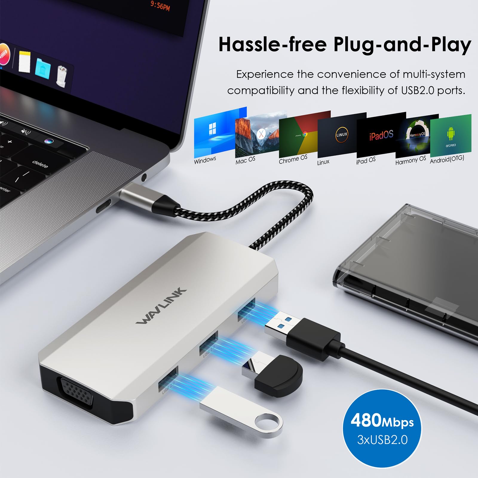 WAVLINK 7-in-1 USB C Docking Station with Quad Display (Dual 4K DP, 4K HDMI, VGA) - Multi-Port Adapter for Dell, HP, Lenovo, Asus, Microsoft Laptops - Includes 3 USB 2.0 Ports - Perfect for Home Office, Gaming & Multi-Monitor Workstations