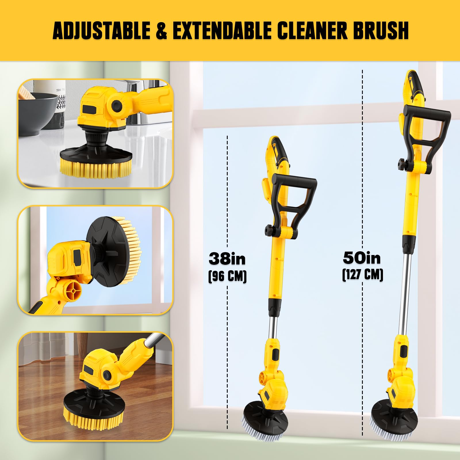 Electric Spin Scrubber with Dewalt 20V Max Battery Compatibility (Tool Only) - 700RPM Brushless Shower Cleaning Brush with Telescopic Long Handle & 2 Brush Heads - Perfect for Tub, Tile, Bathroom, Kitchen, Car Cleaning - Effortless Deep Cleaning for Tough Grime and Stains